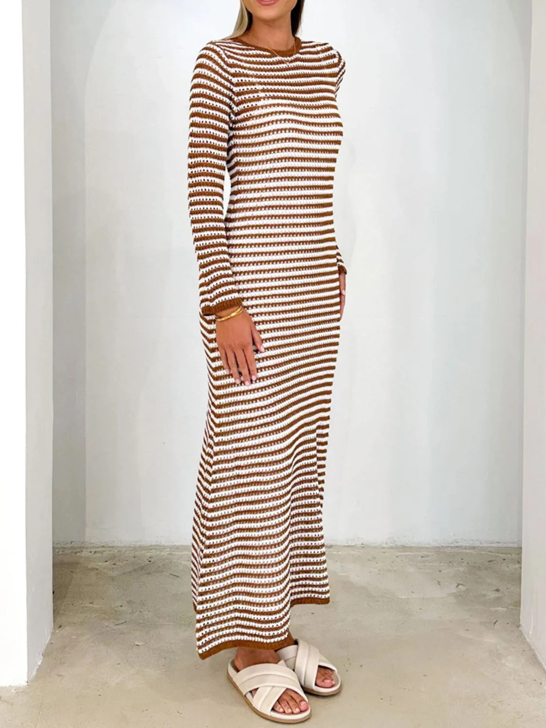 Devine Tied Round Neck Striped Sweater Dress - Image 7