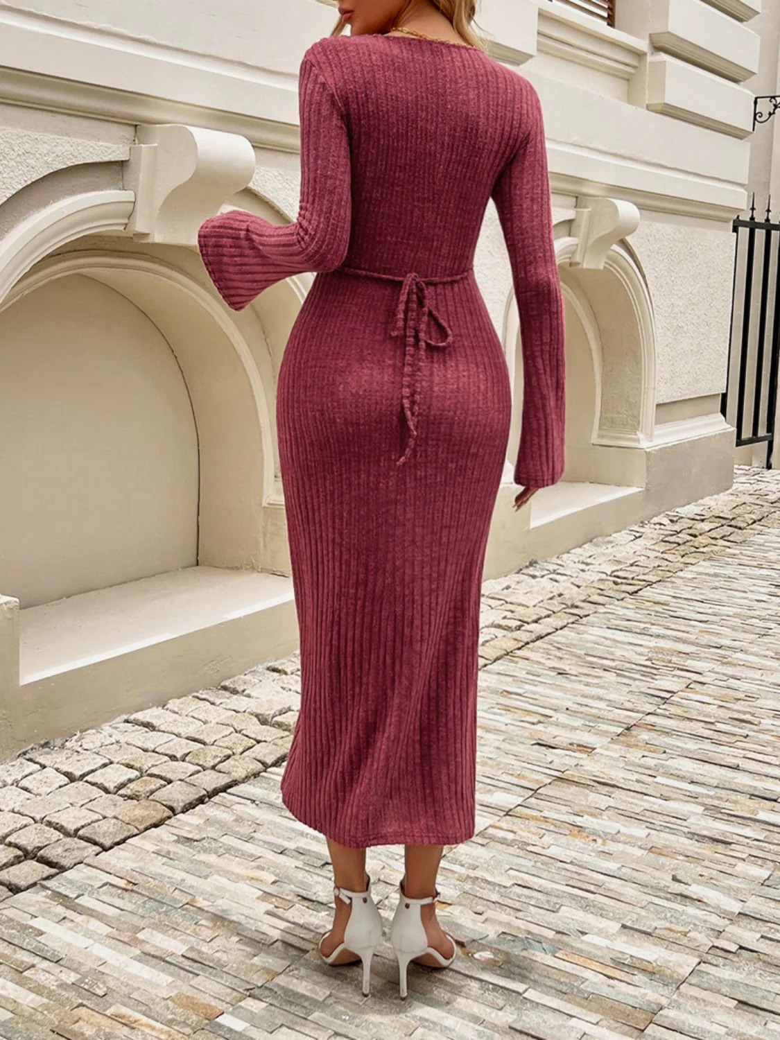 Devine Tied V-Neck Long Sleeve Sweater Dress - Image 2