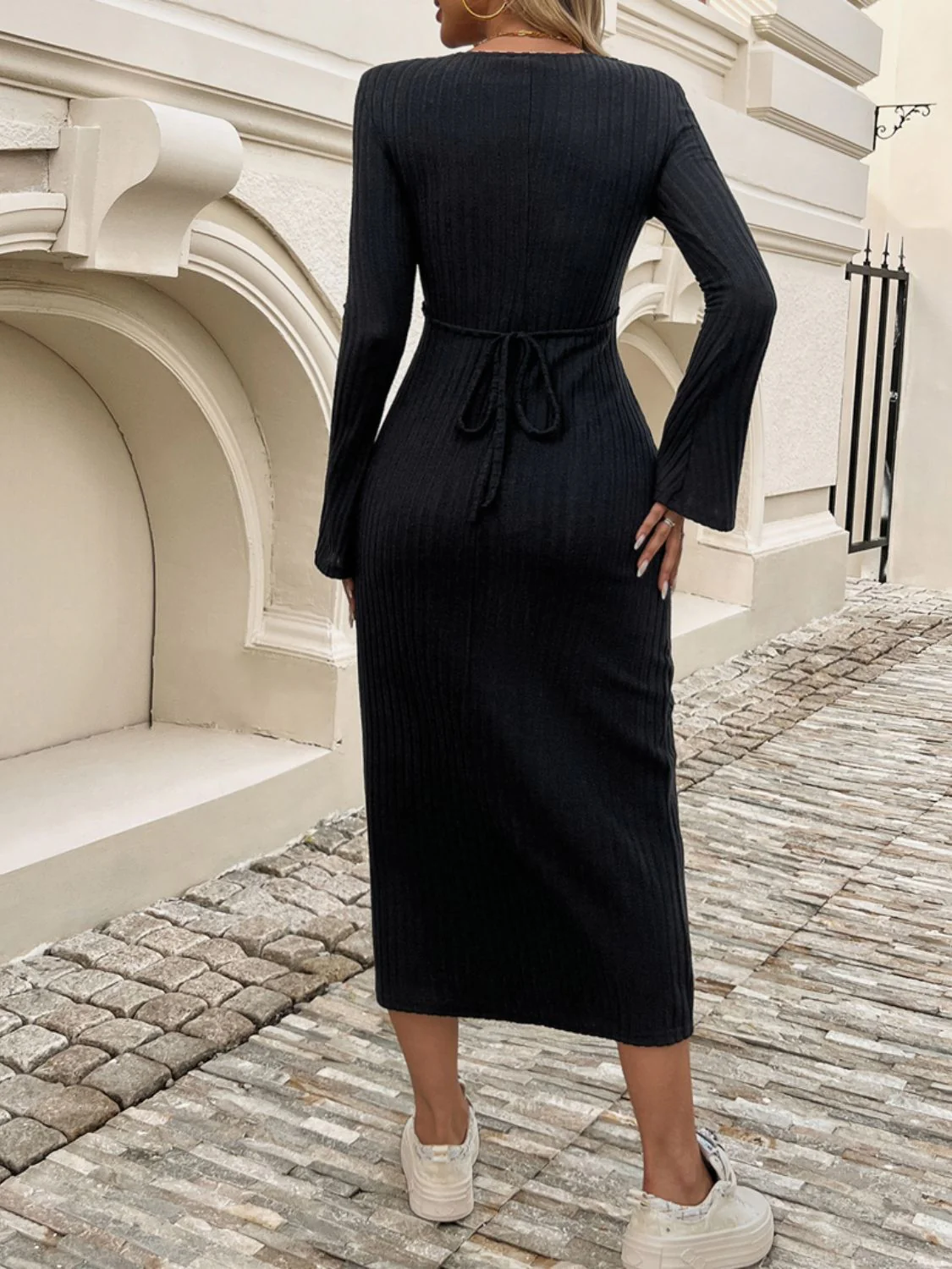 Devine Tied V-Neck Long Sleeve Sweater Dress - Image 23