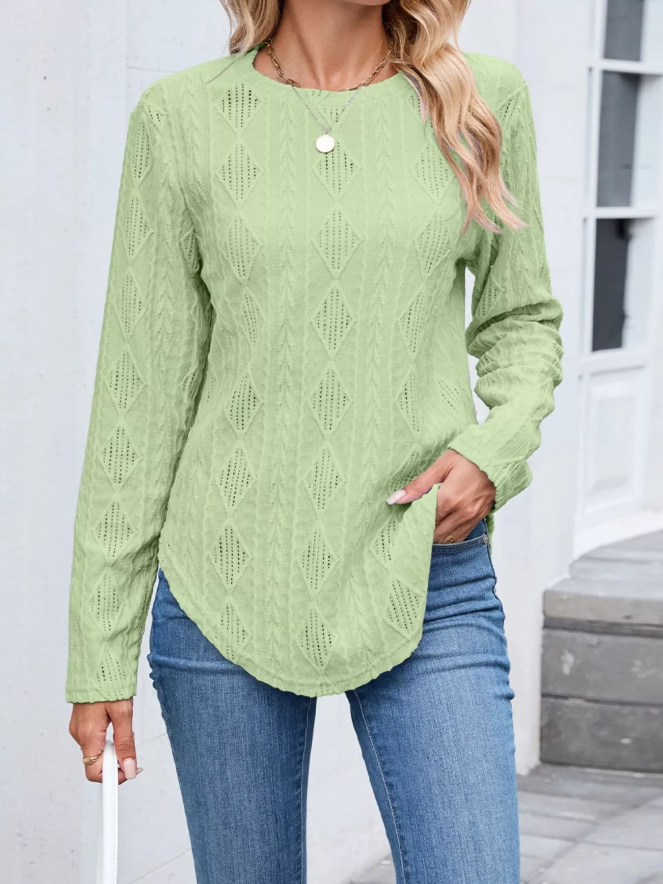 Diamond Pattern Knit Long Sleeve T-Shirt - Image 27