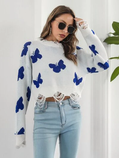 Distressed Butterfly Cropped Sweater - Image 5