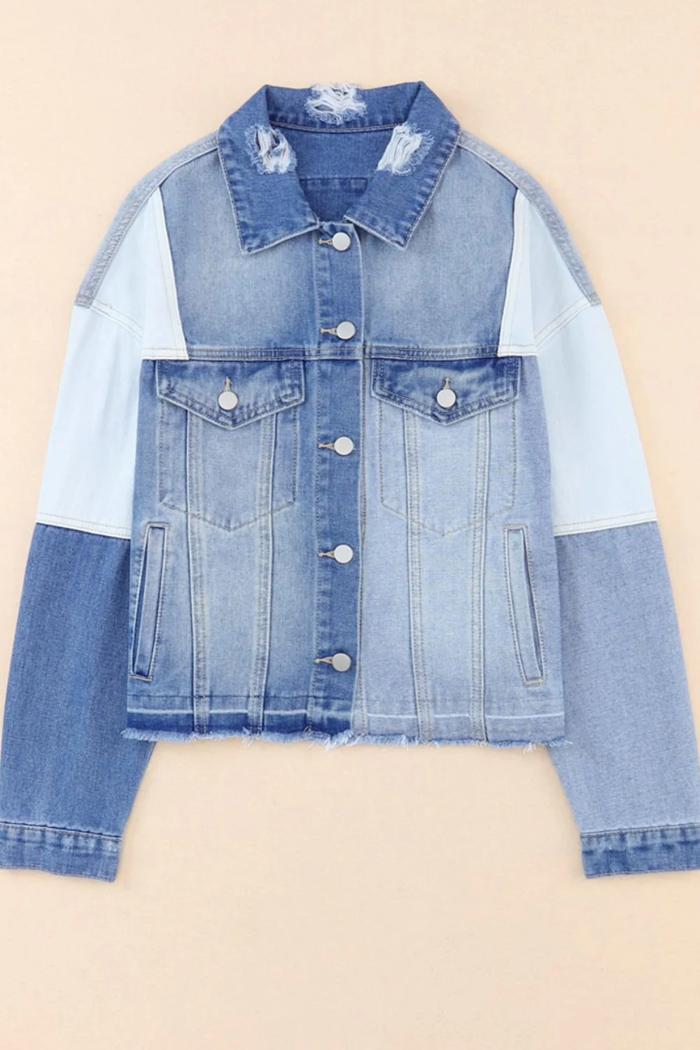 Distressed Button Up Drop Shoulder Denim Jacket - Image 6