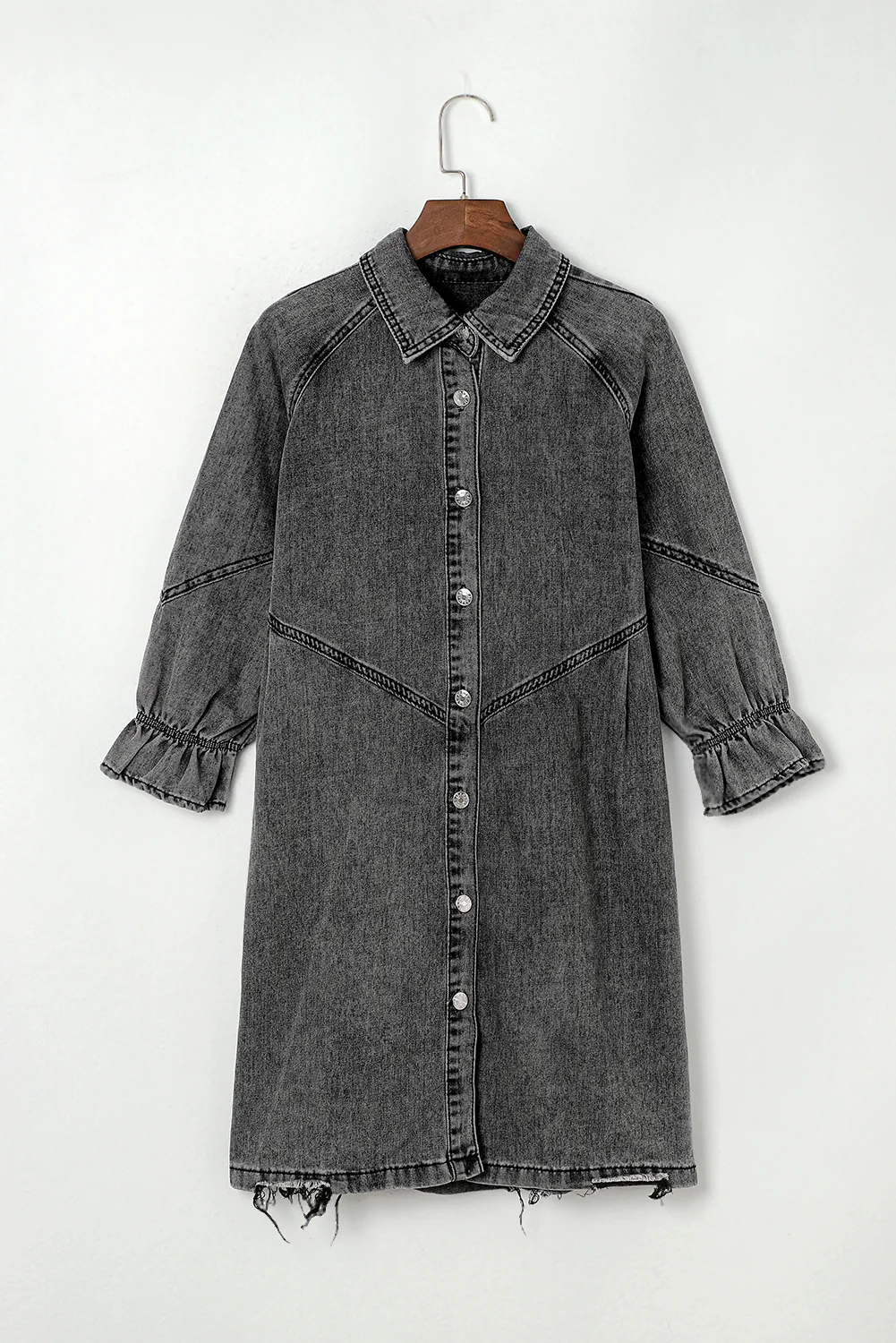 Distressed Collared Neck Flounce Sleeve Denim Dress - Image 17