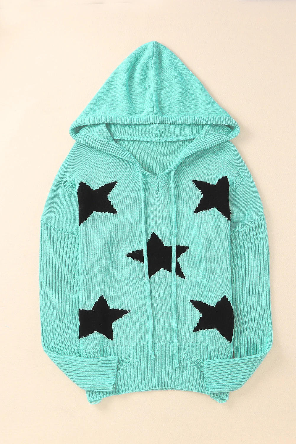 Distressed Drawstring Long Sleeve Hooded Sweater - Image 4