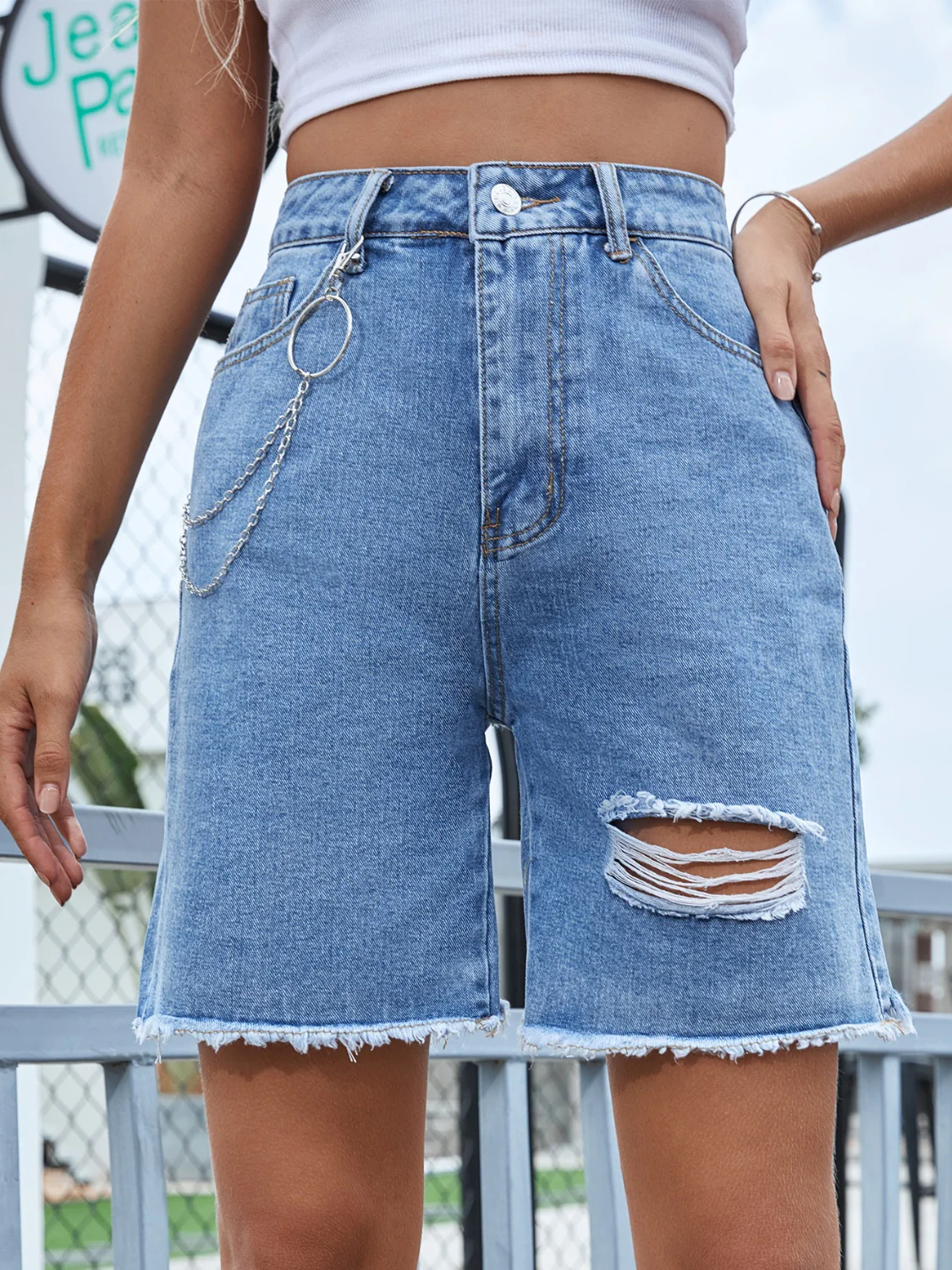Distressed Raw Hem Denim Shorts - Image 9