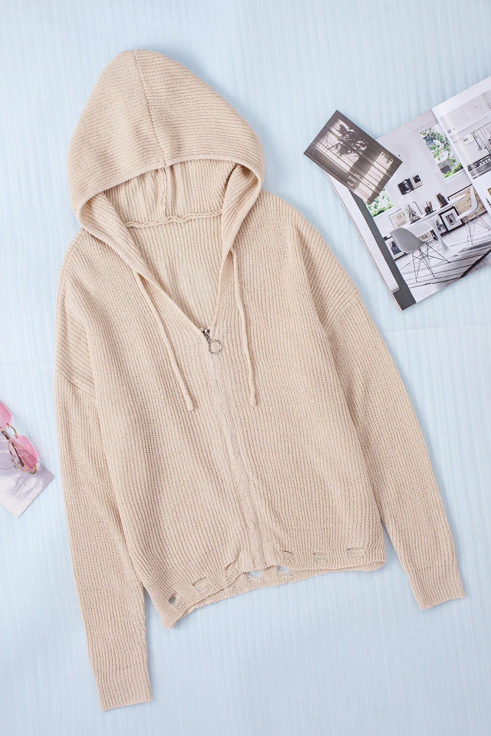 Distressed Zip Up Drawstring Hooded Cardigan - Image 6