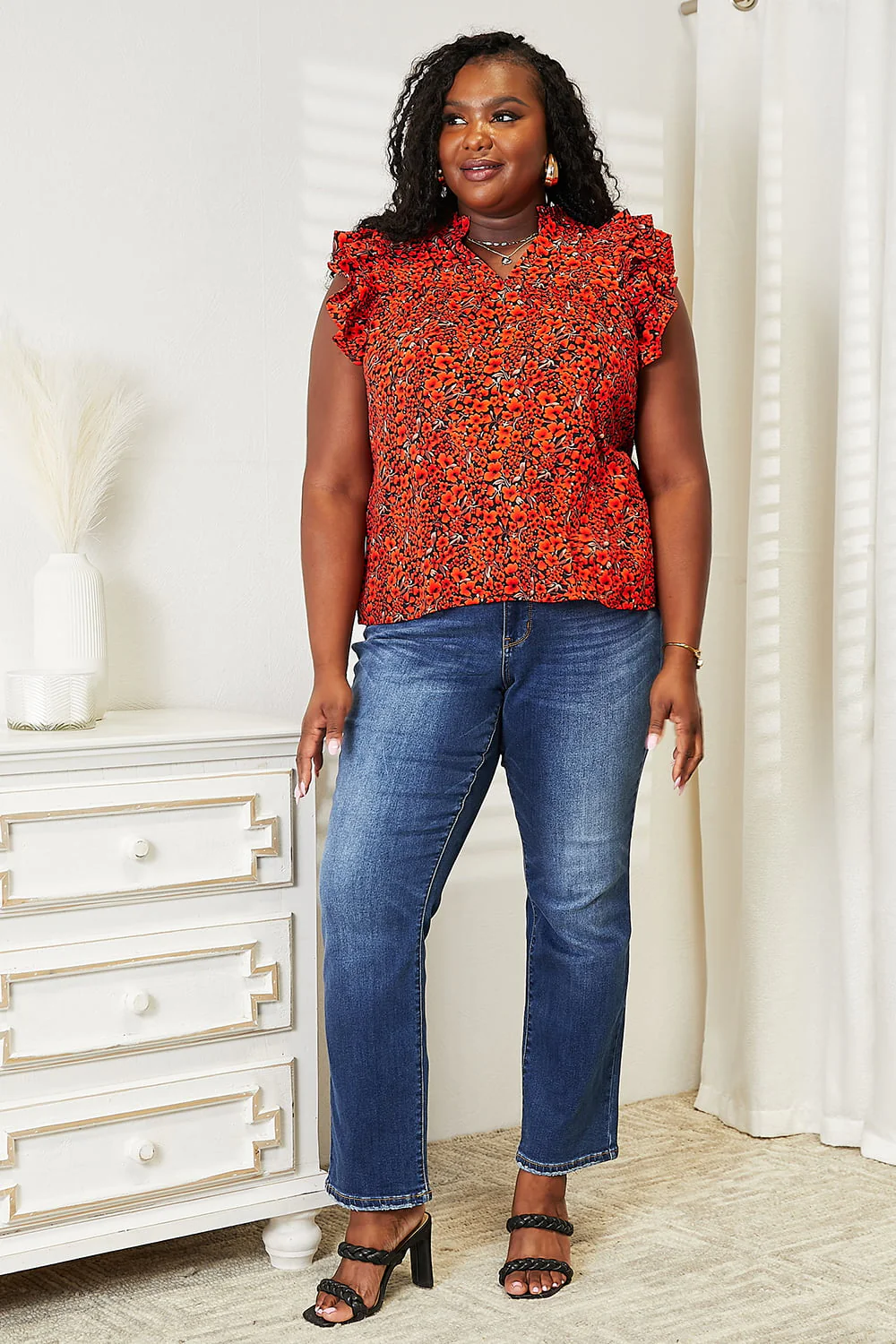 Double Take Floral Flutter Sleeve Notched Neck Blouse - Image 5