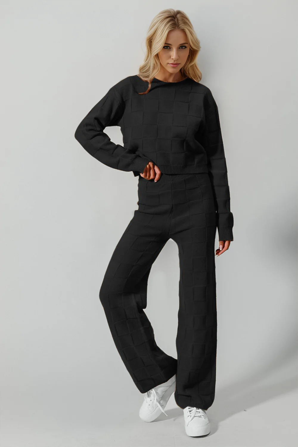 Double Take Full Size Checkered Round Neck Top and Pants Set - Image 4