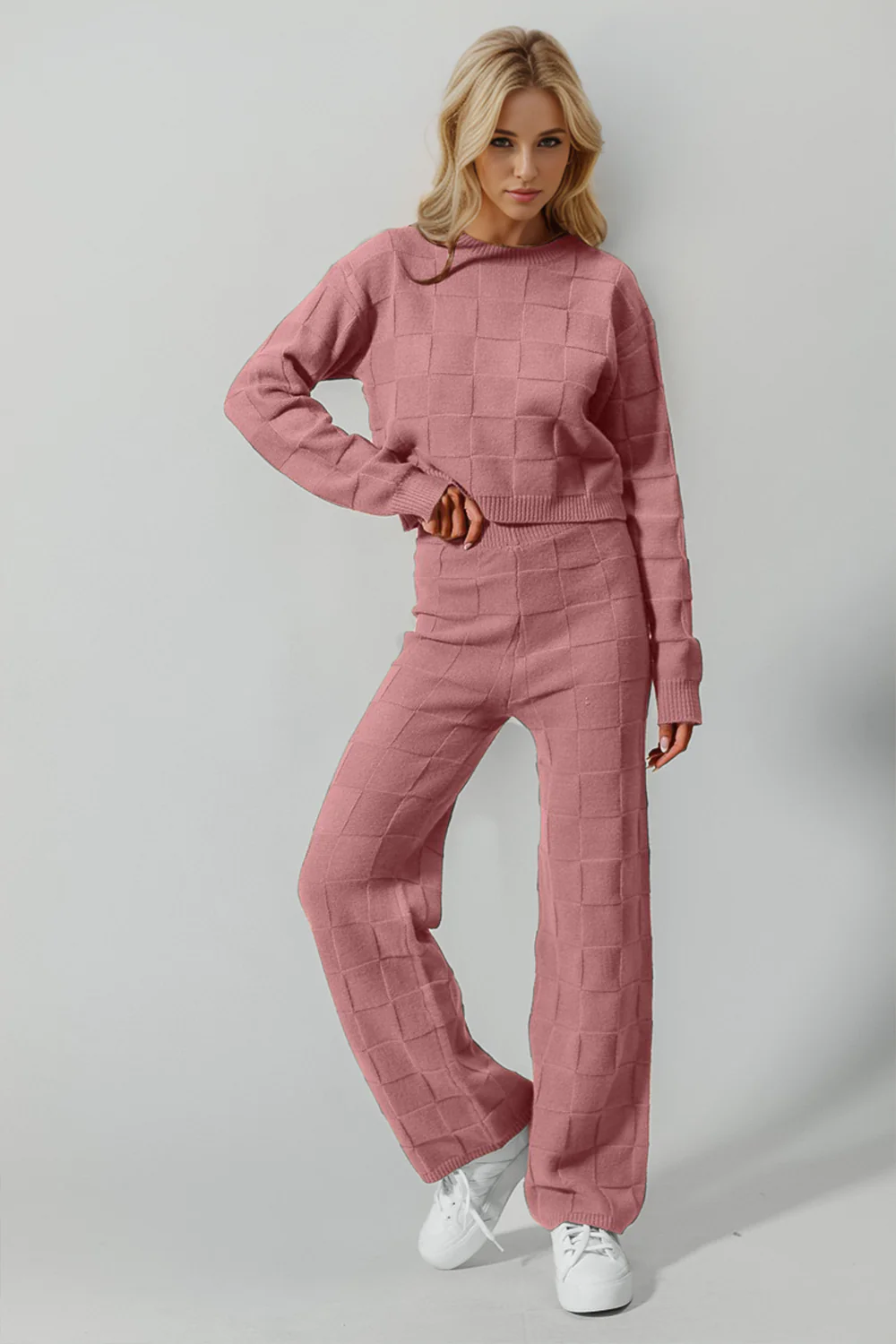 Double Take Full Size Checkered Round Neck Top and Pants Set - Image 5
