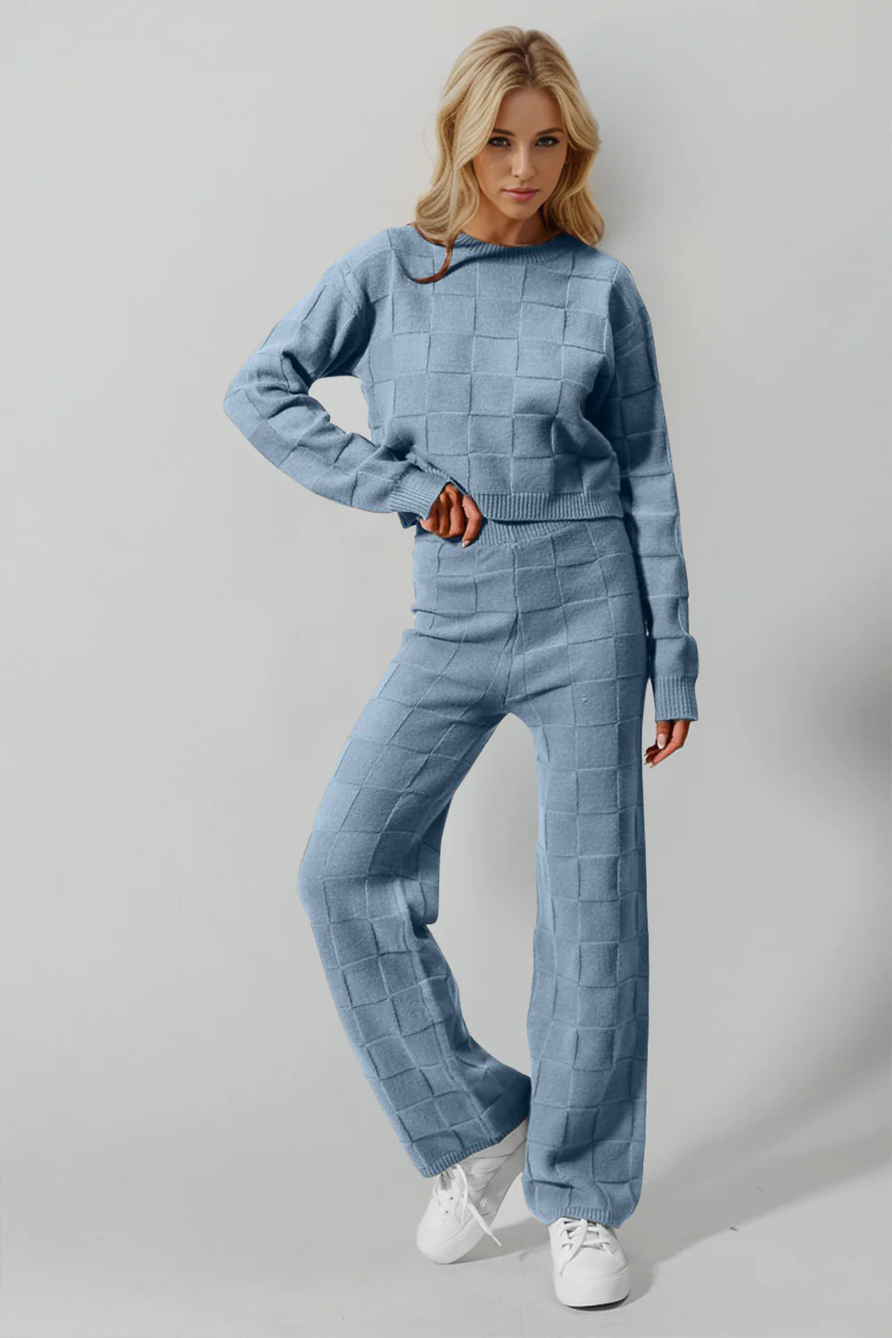 Double Take Full Size Checkered Round Neck Top and Pants Set - Image 8