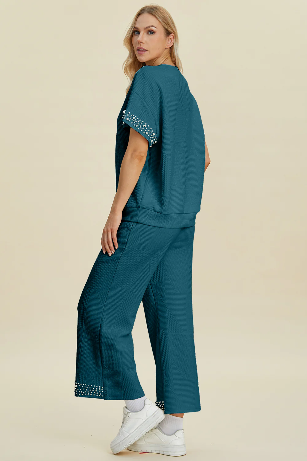 Double Take Full Size Pearl Detail Round Neck Top and Pants Set - Image 15