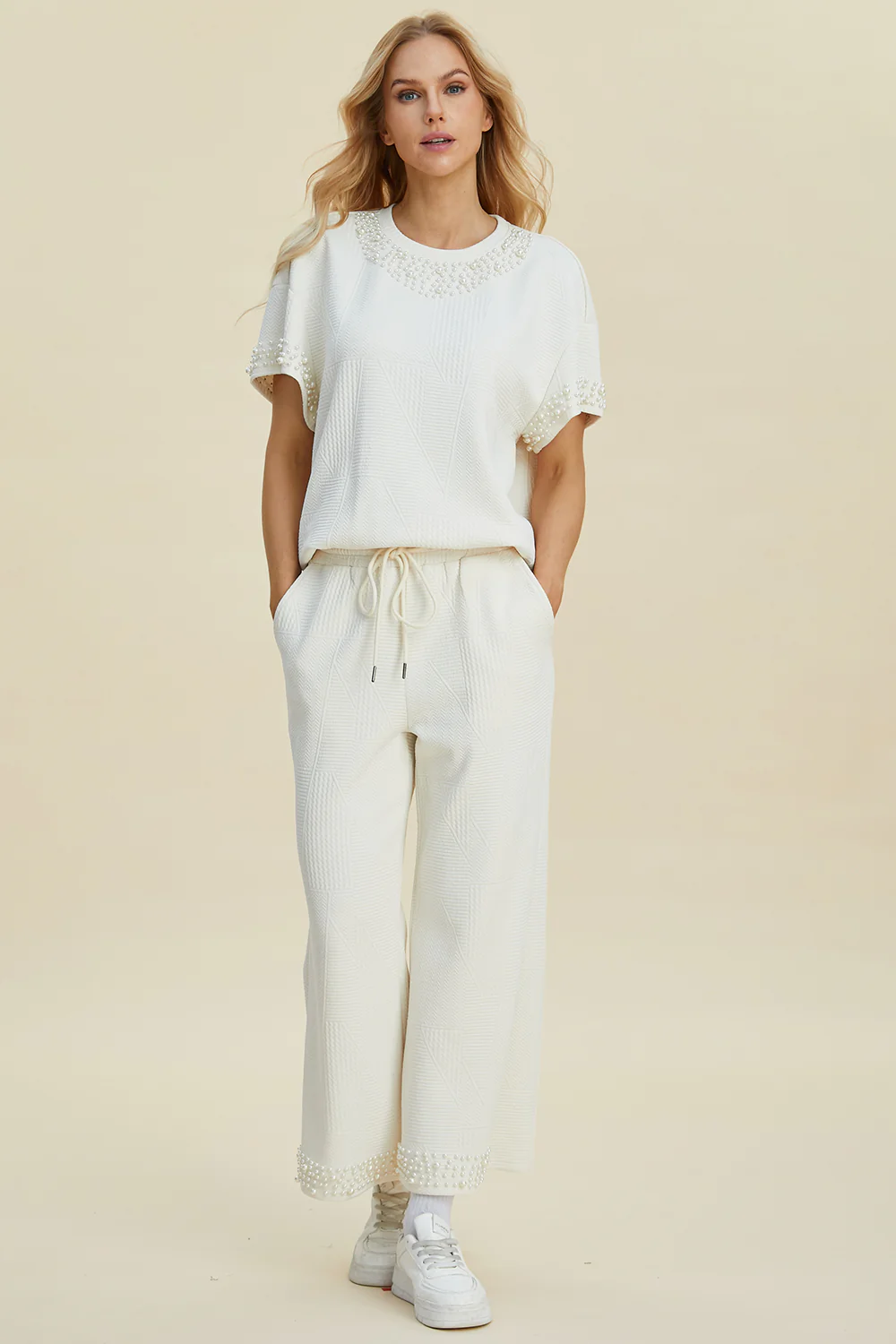 Double Take Full Size Pearl Detail Round Neck Top and Pants Set - Image 4