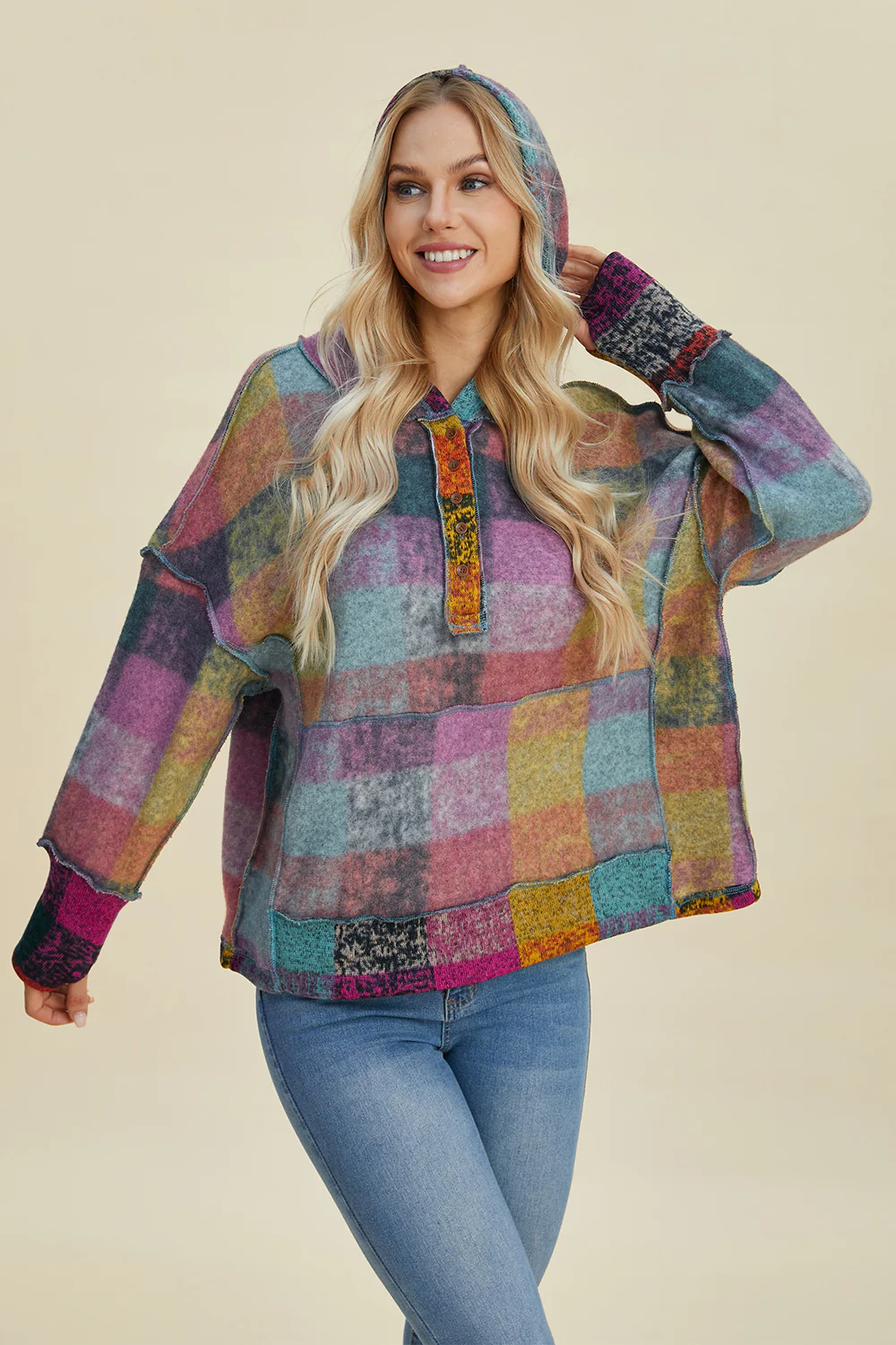 Double Take Full Size Plaid Dropped Shoulder Fleece Hoodie - Image 13