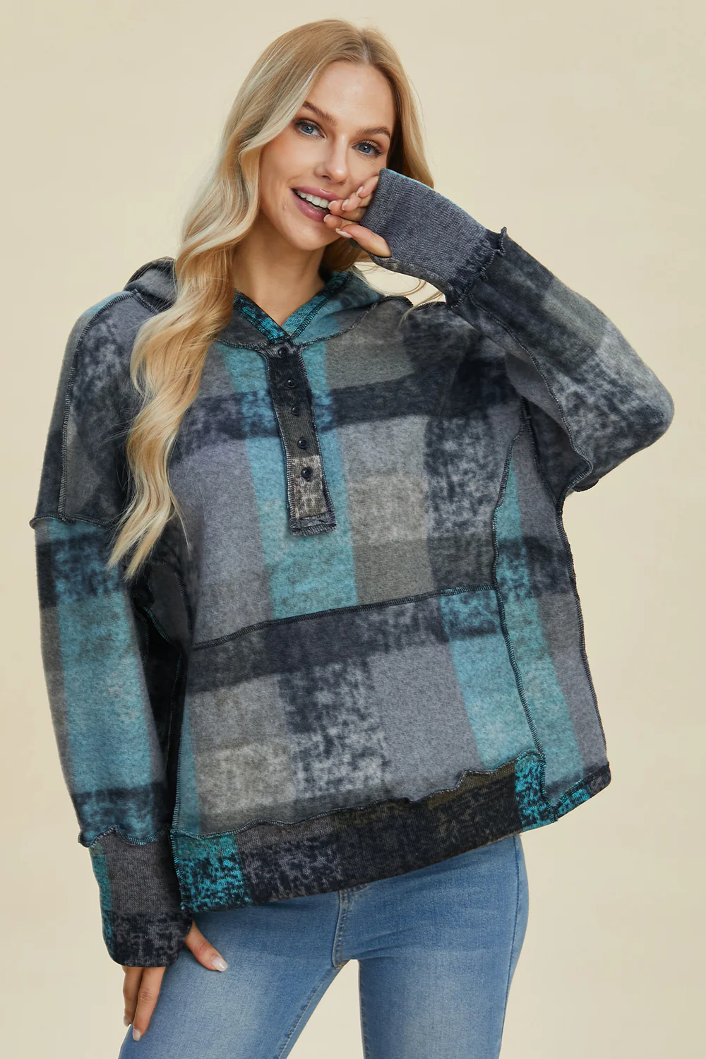 Double Take Full Size Plaid Dropped Shoulder Fleece Hoodie - Image 19