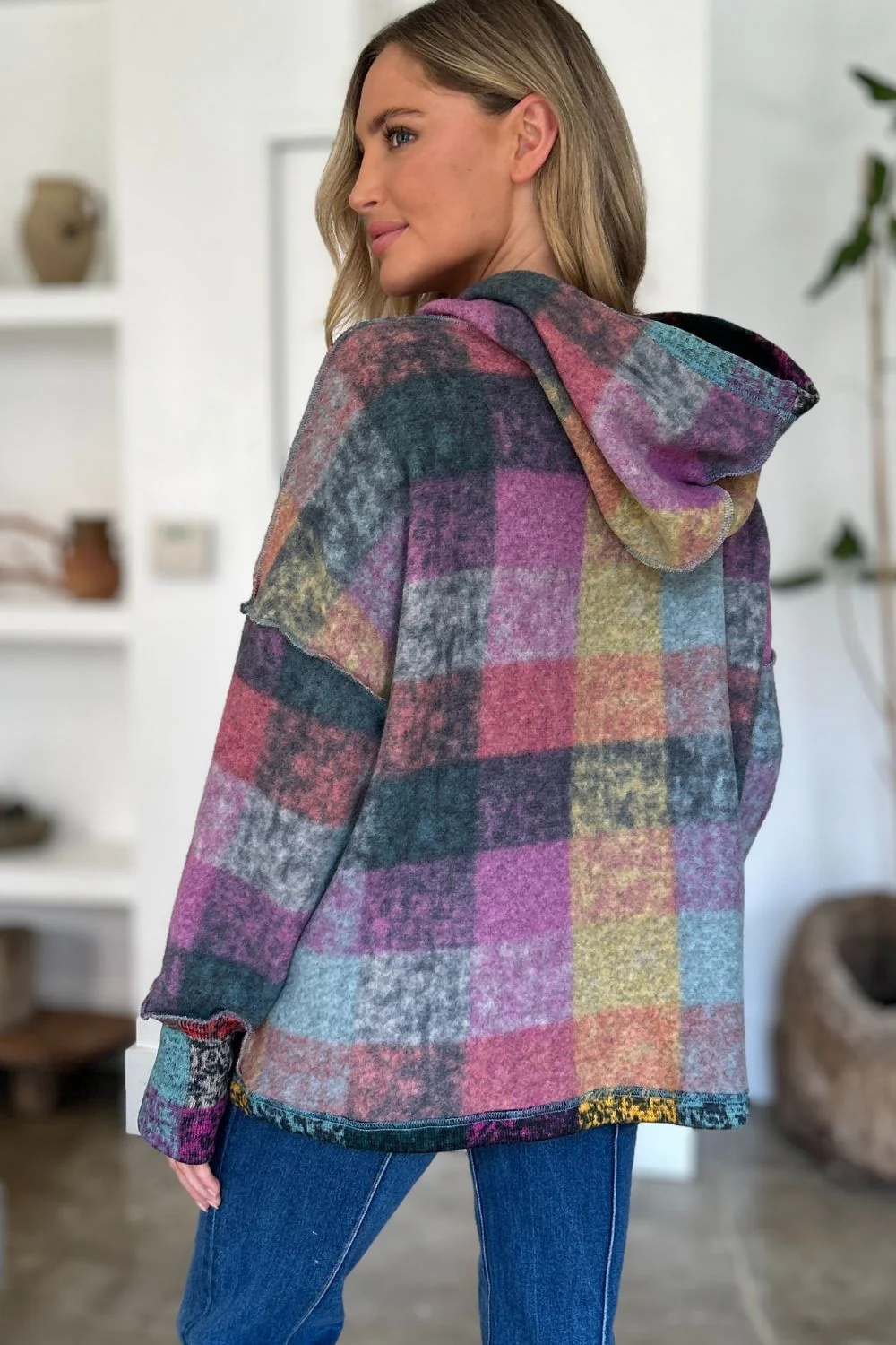 Double Take Full Size Plaid Dropped Shoulder Fleece Hoodie - Image 8
