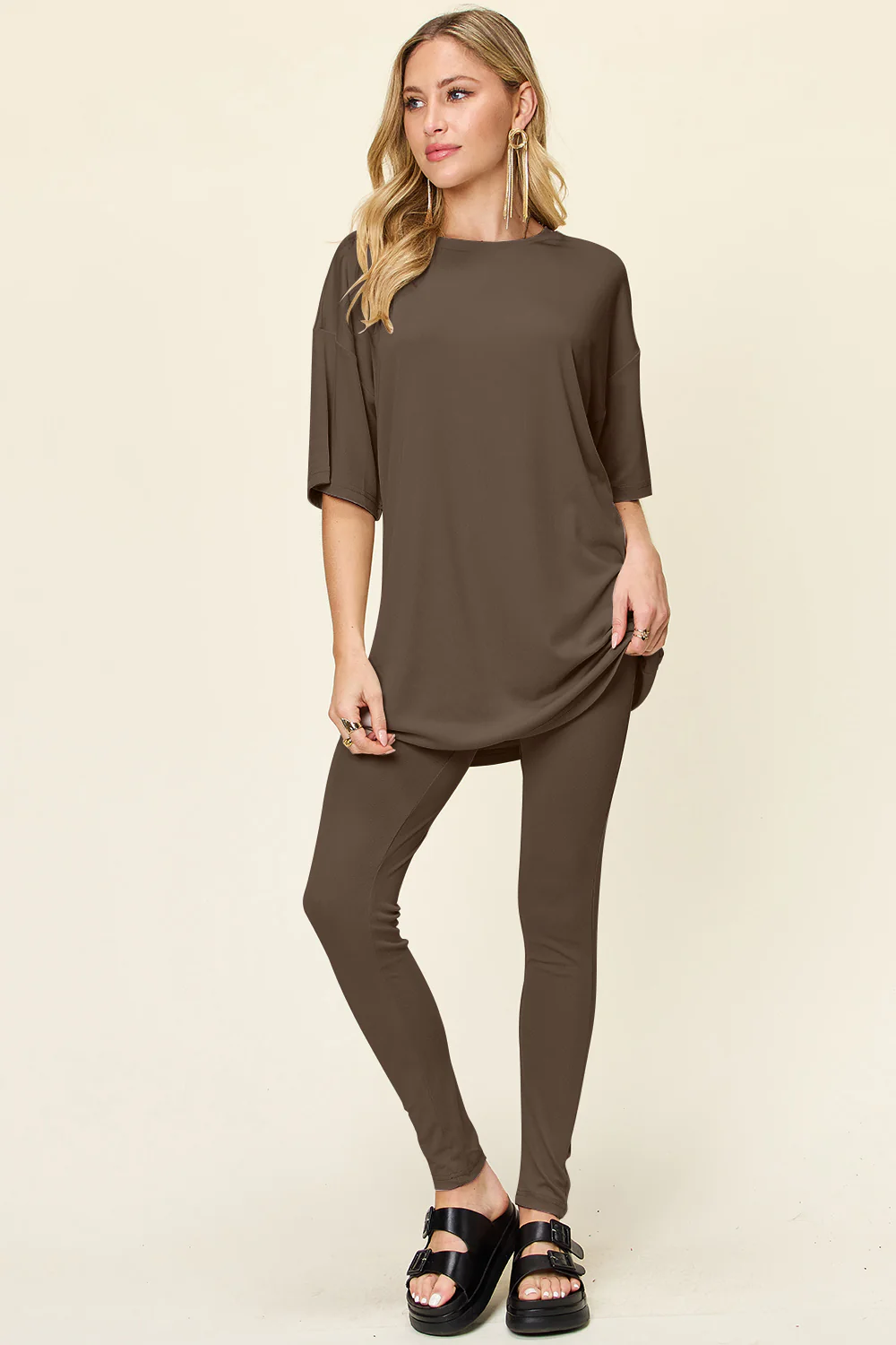 Double Take Full Size Round Neck Dropped Shoulder T-Shirt and Leggings Set - Image 5