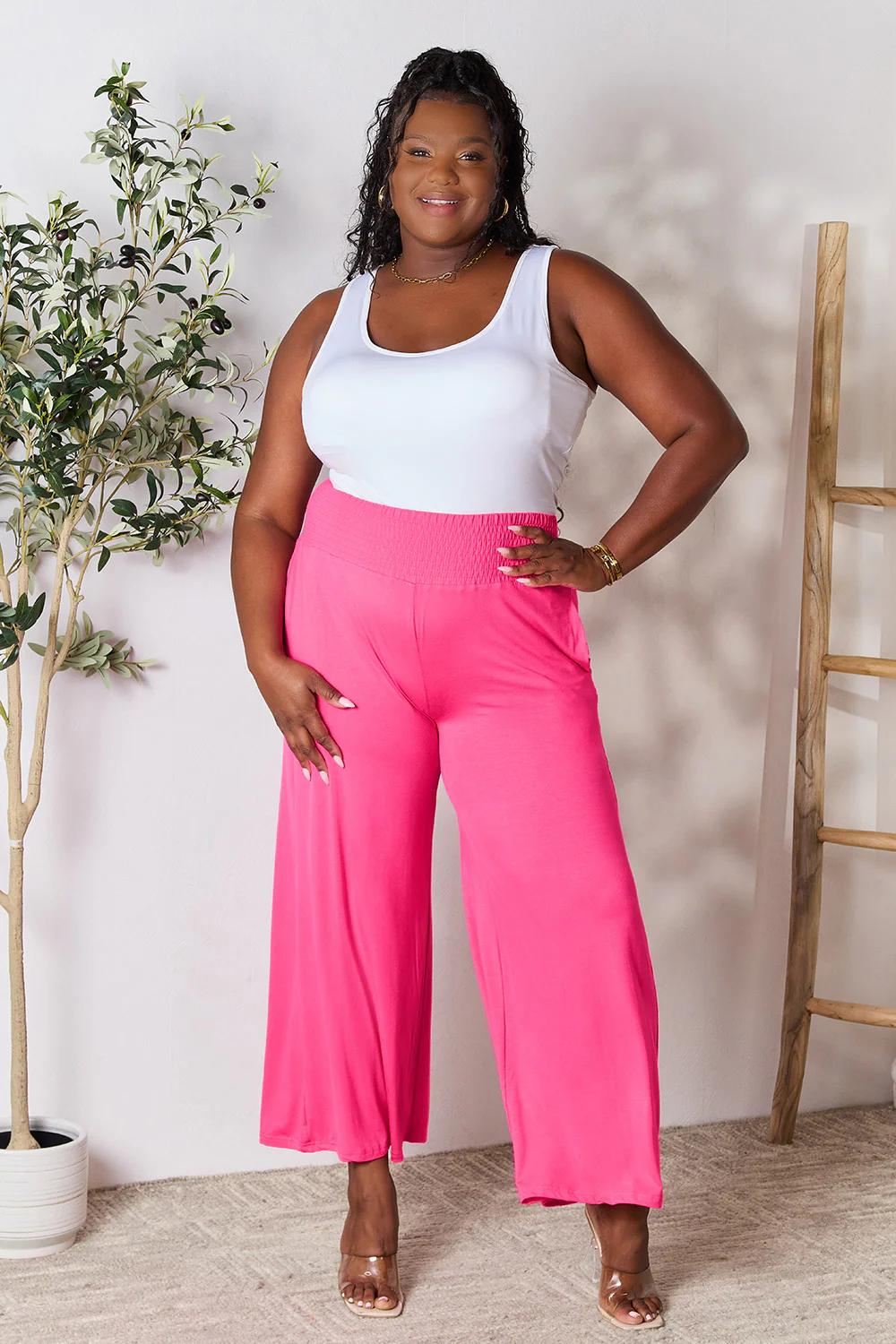 Double Take Full Size Smocked Wide Waistband Wide Leg Pants - Image 18
