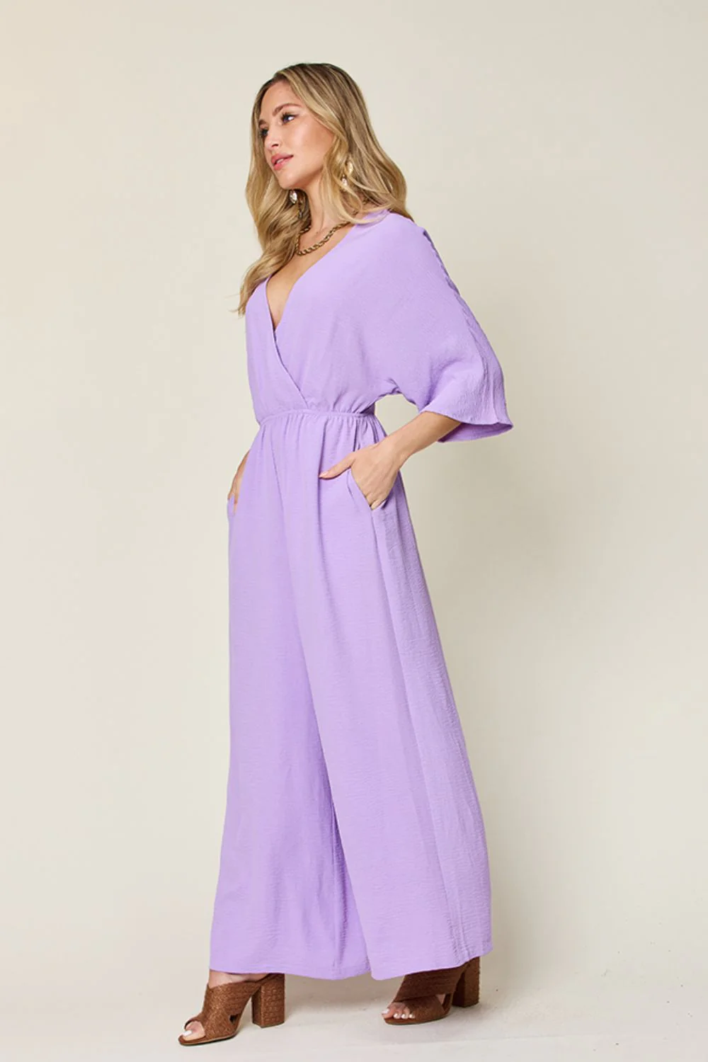 Double Take Full Size Surplice Wide Leg Jumpsuit with Pockets - Image 18