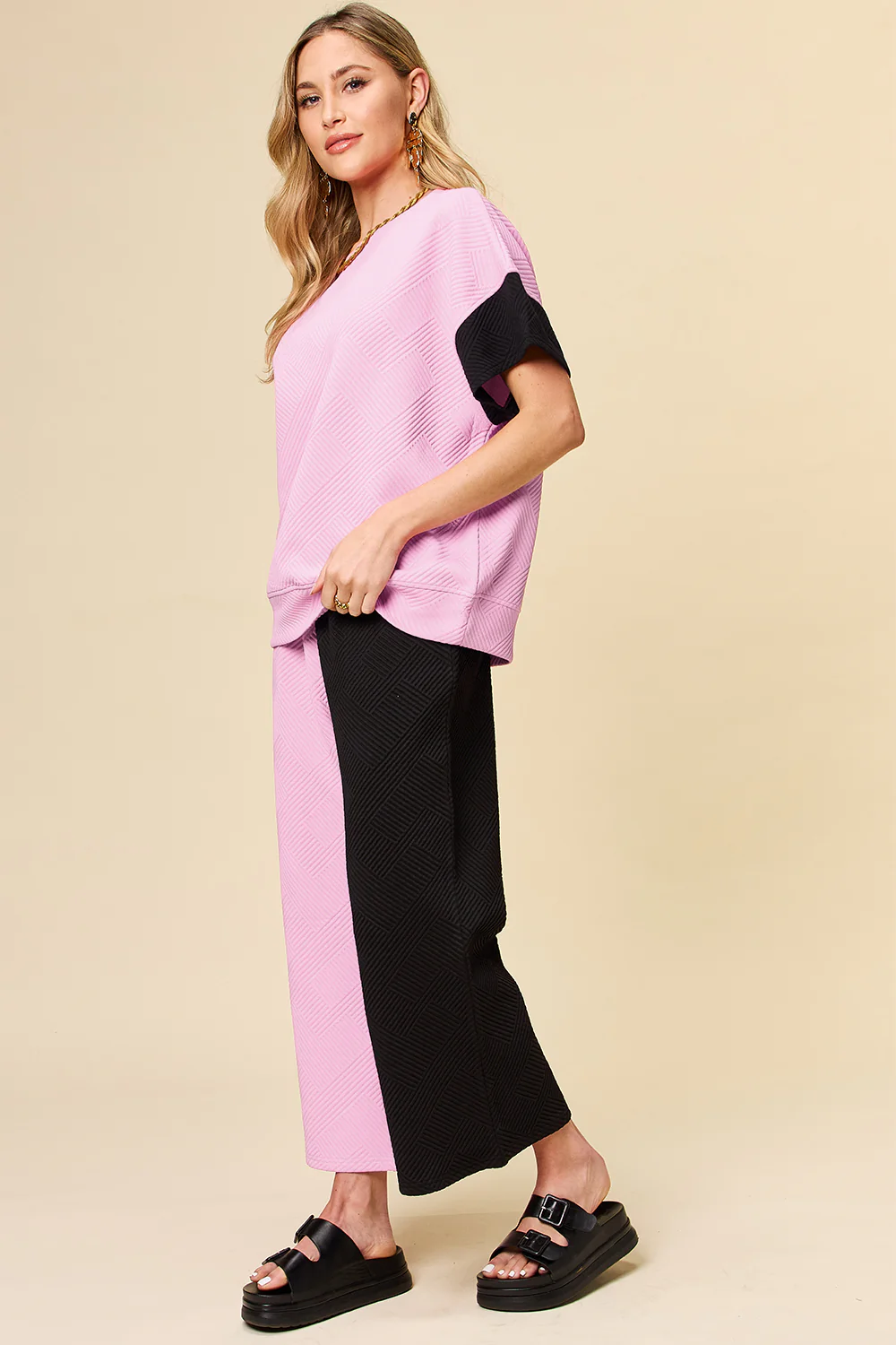 Double Take Full Size Texture Contrast T-Shirt and Wide Leg Pants Set - Image 21