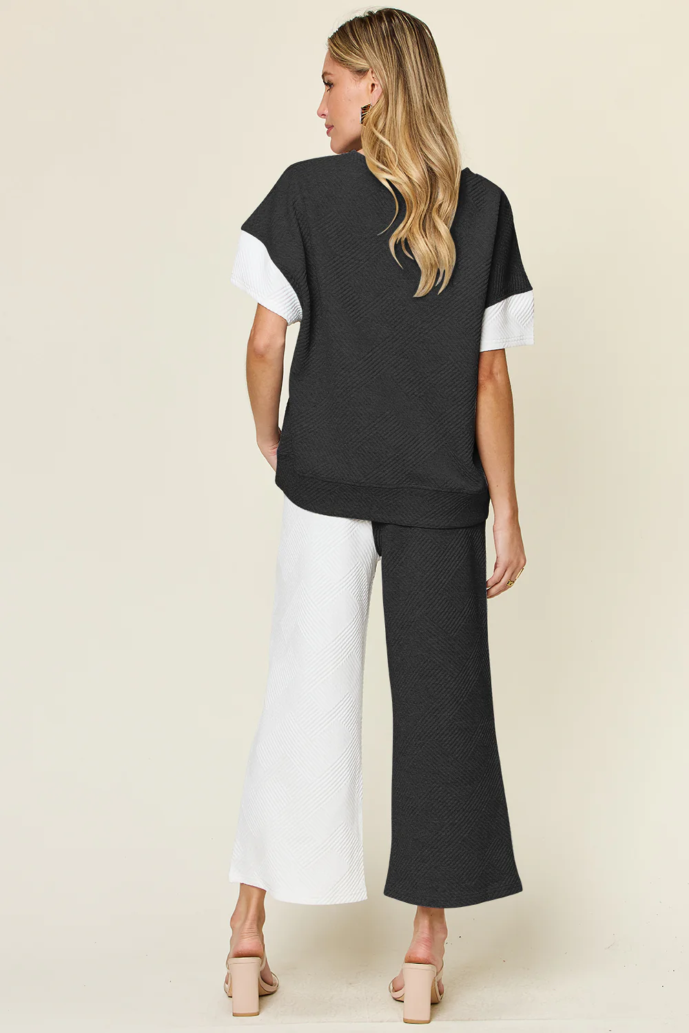 Double Take Full Size Texture Contrast T-Shirt and Wide Leg Pants Set - Image 3