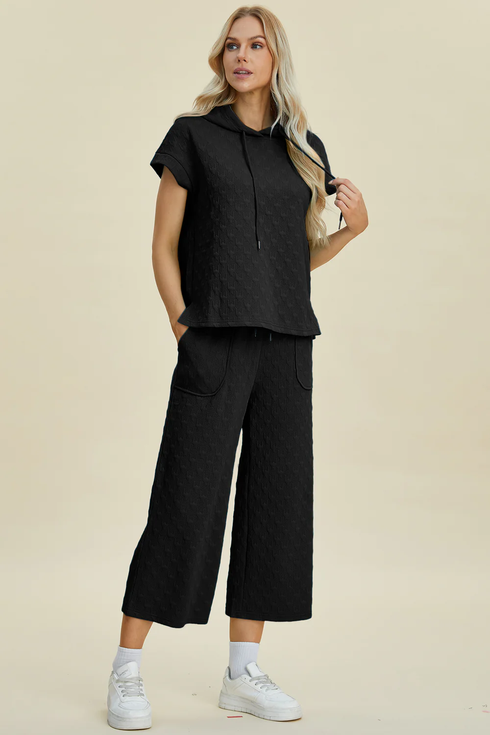 Double Take Full Size Texture Drawstring Short Sleeve Hoodie and Pocketed Pants Set - Image 10