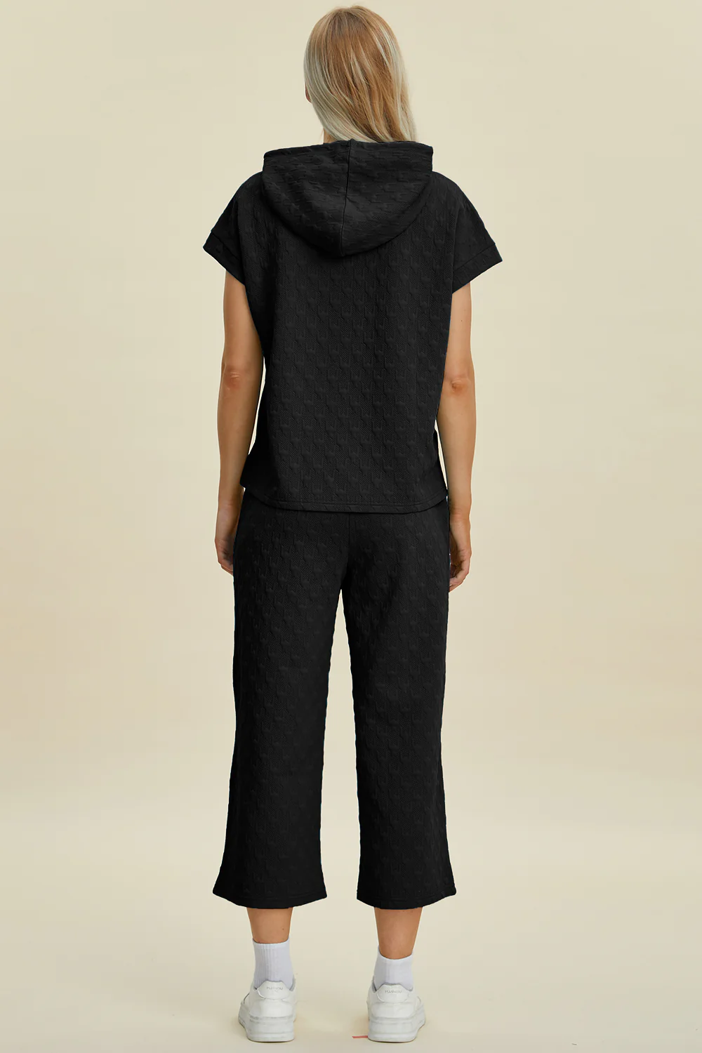 Double Take Full Size Texture Drawstring Short Sleeve Hoodie and Pocketed Pants Set - Image 11