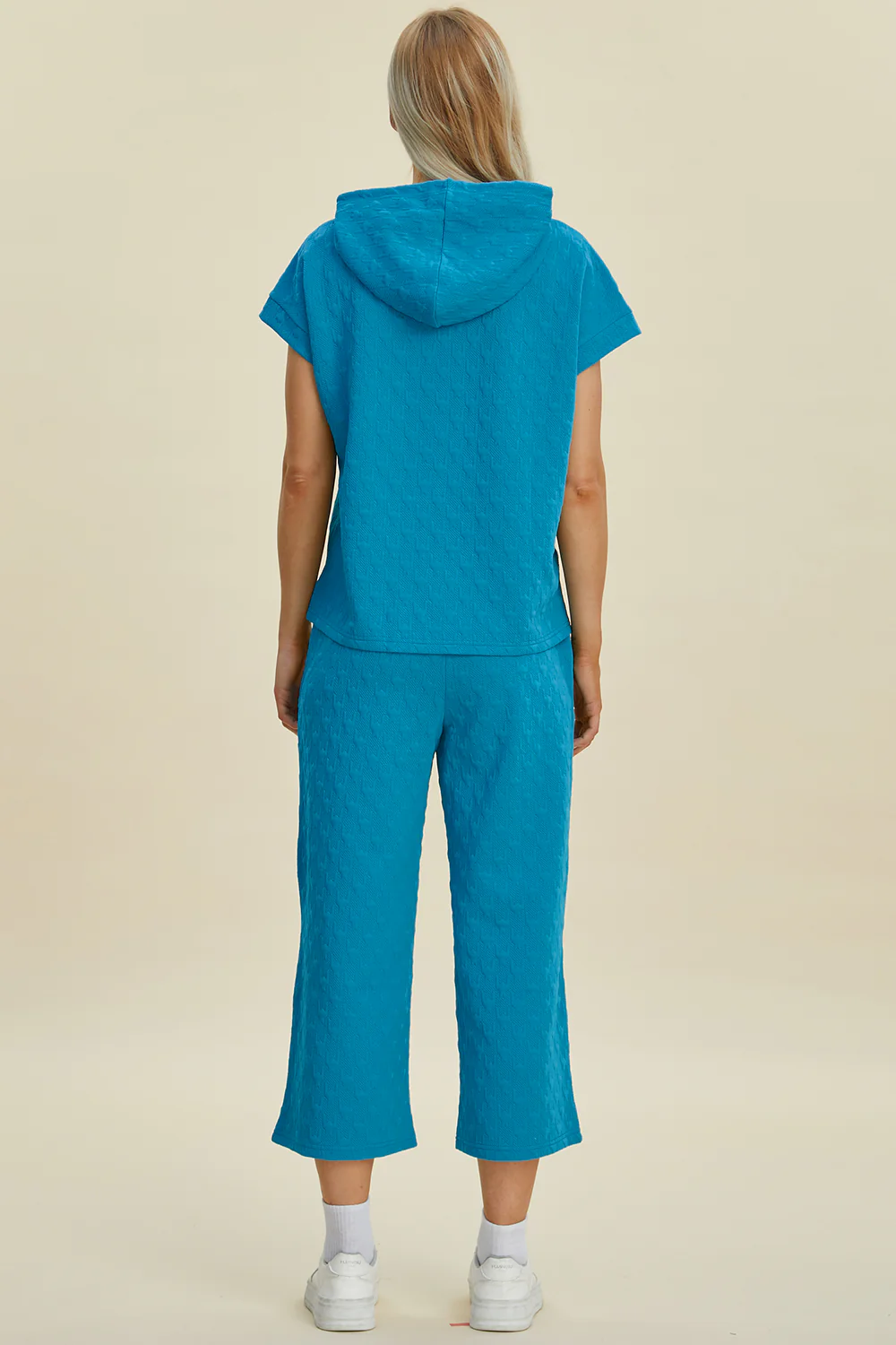 Double Take Full Size Texture Drawstring Short Sleeve Hoodie and Pocketed Pants Set - Image 2