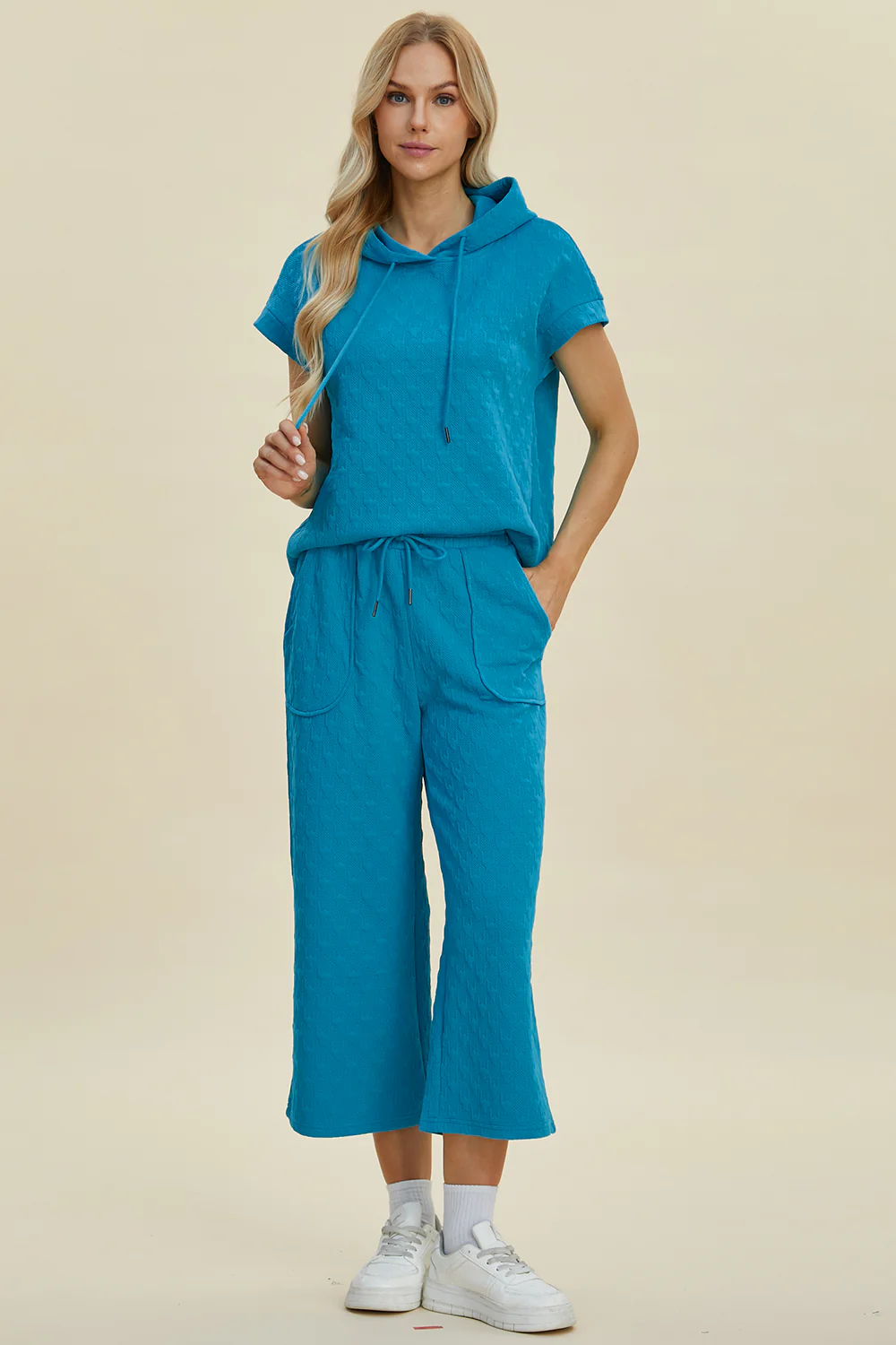 Double Take Full Size Texture Drawstring Short Sleeve Hoodie and Pocketed Pants Set - Image 4