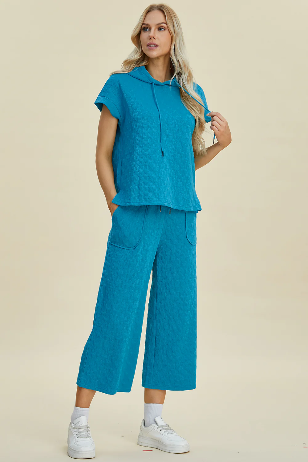 Double Take Full Size Texture Drawstring Short Sleeve Hoodie and Pocketed Pants Set - Image 5