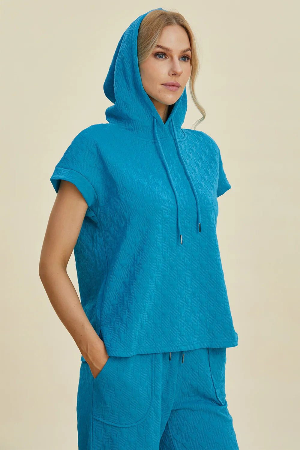 Double Take Full Size Texture Drawstring Short Sleeve Hoodie and Pocketed Pants Set - Image 6