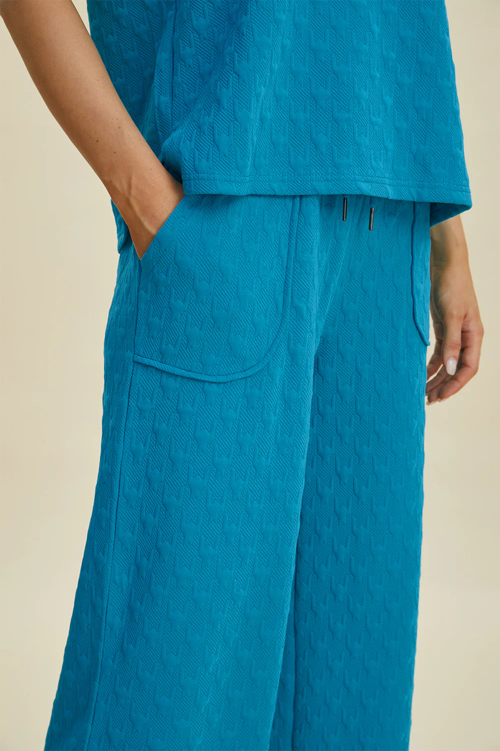 Double Take Full Size Texture Drawstring Short Sleeve Hoodie and Pocketed Pants Set - Image 7