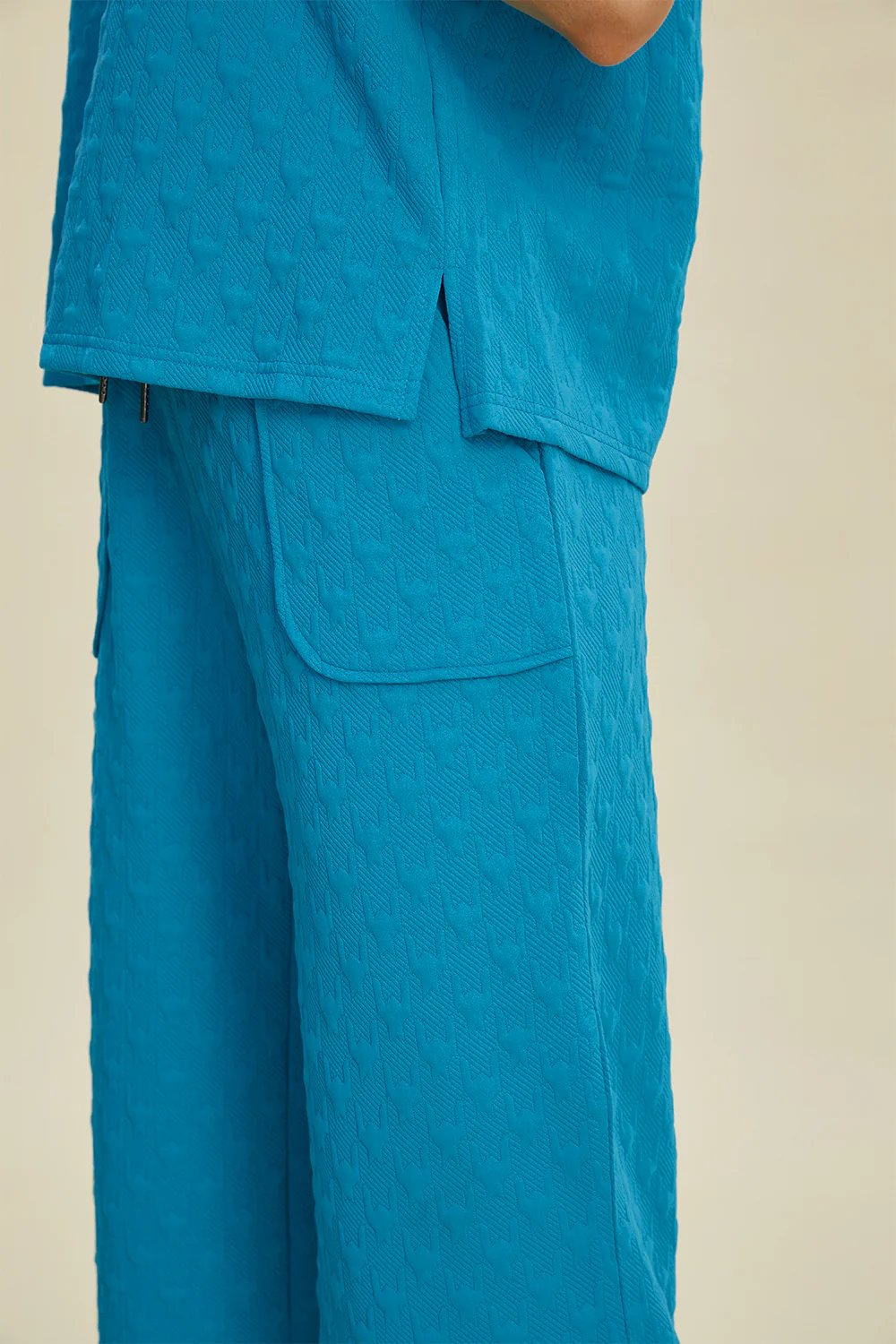 Double Take Full Size Texture Drawstring Short Sleeve Hoodie and Pocketed Pants Set - Image 8