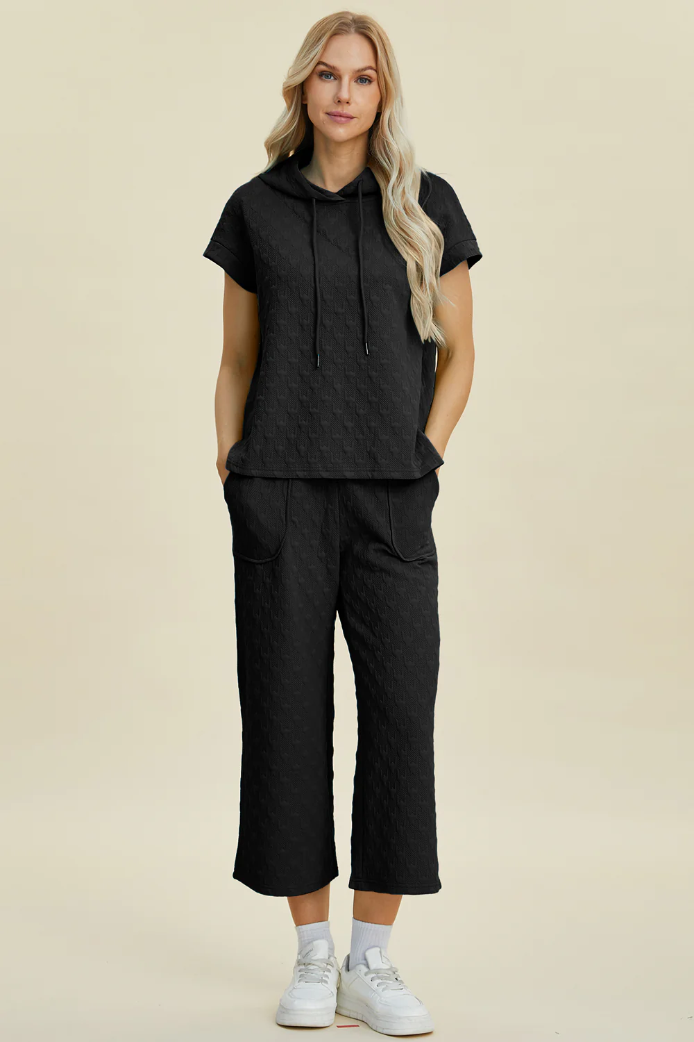 Double Take Full Size Texture Drawstring Short Sleeve Hoodie and Pocketed Pants Set - Image 9