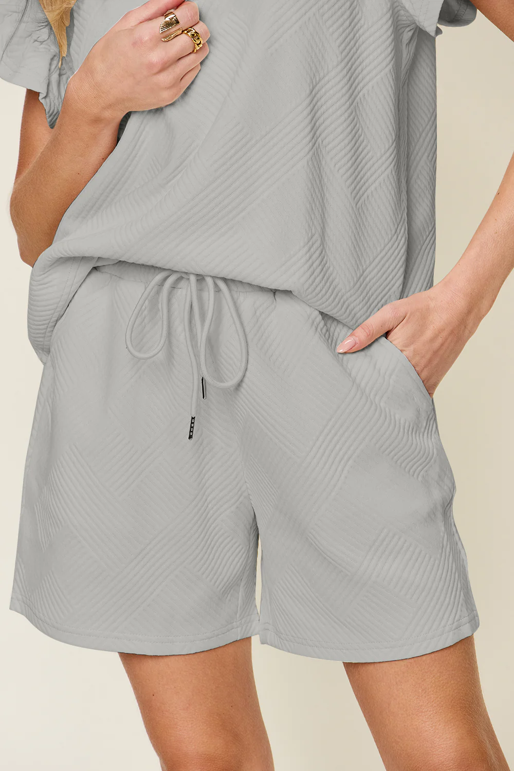 Double Take Full Size Texture Flounce Sleeve Top and Drawstring Shorts Set - Image 12