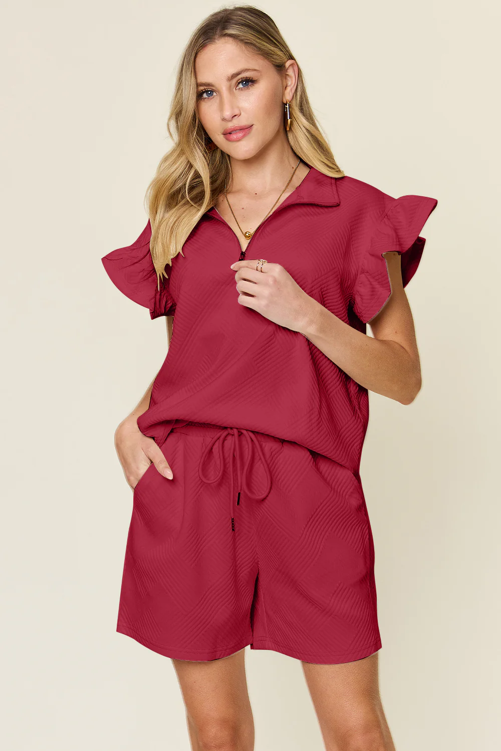 Double Take Full Size Texture Flounce Sleeve Top and Drawstring Shorts Set - Image 17