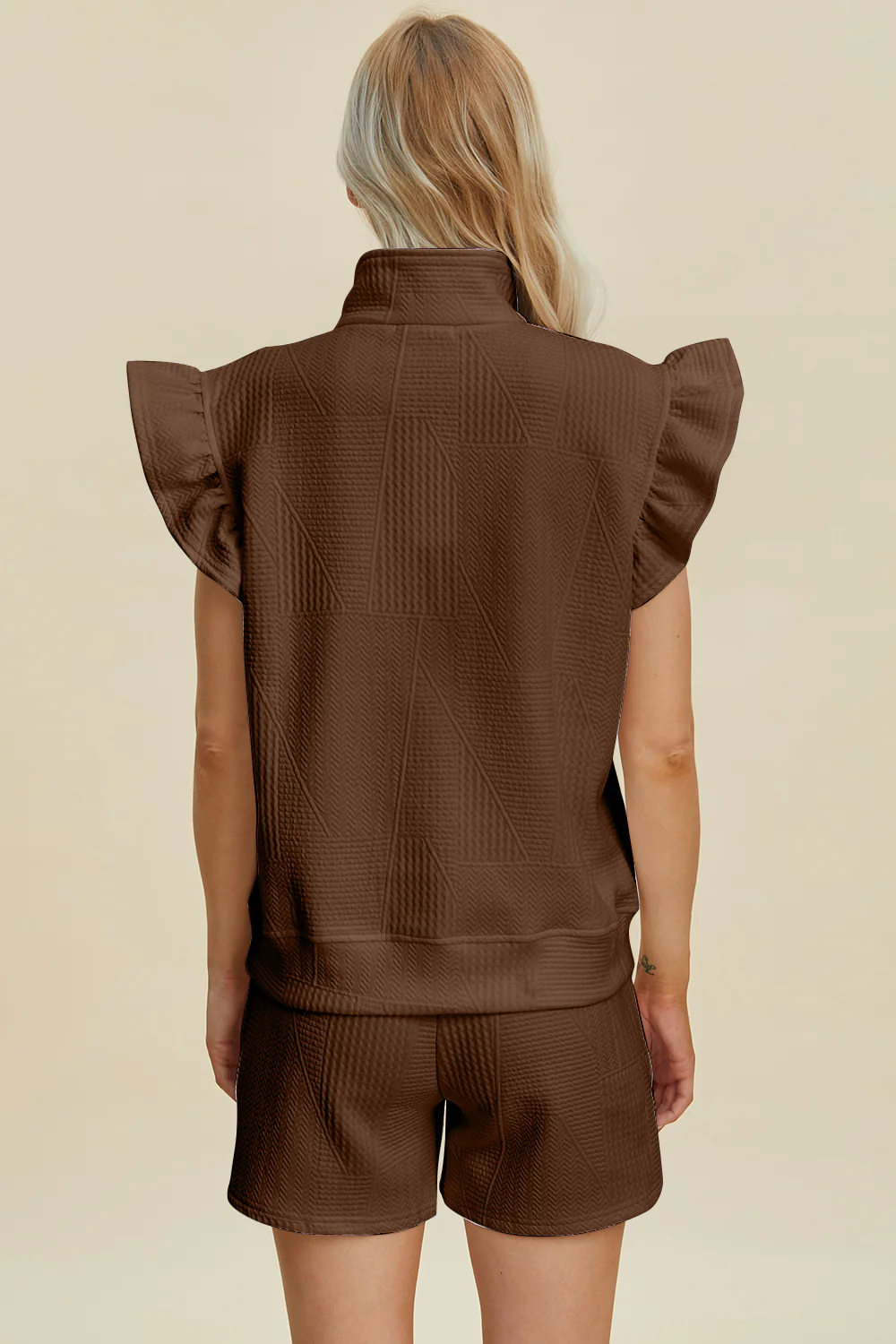 Double Take Full Size Texture Flounce Sleeve Top and Shorts Set - Image 35