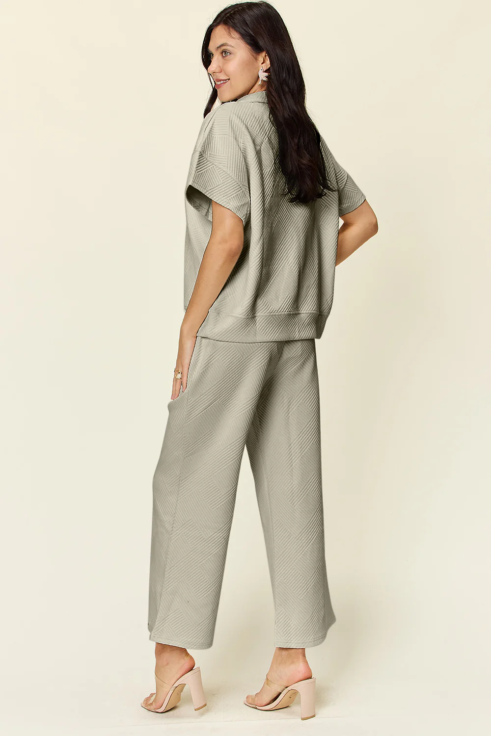 Double Take Full Size Texture Half Zip Short Sleeve Top and Pants Set - Image 19