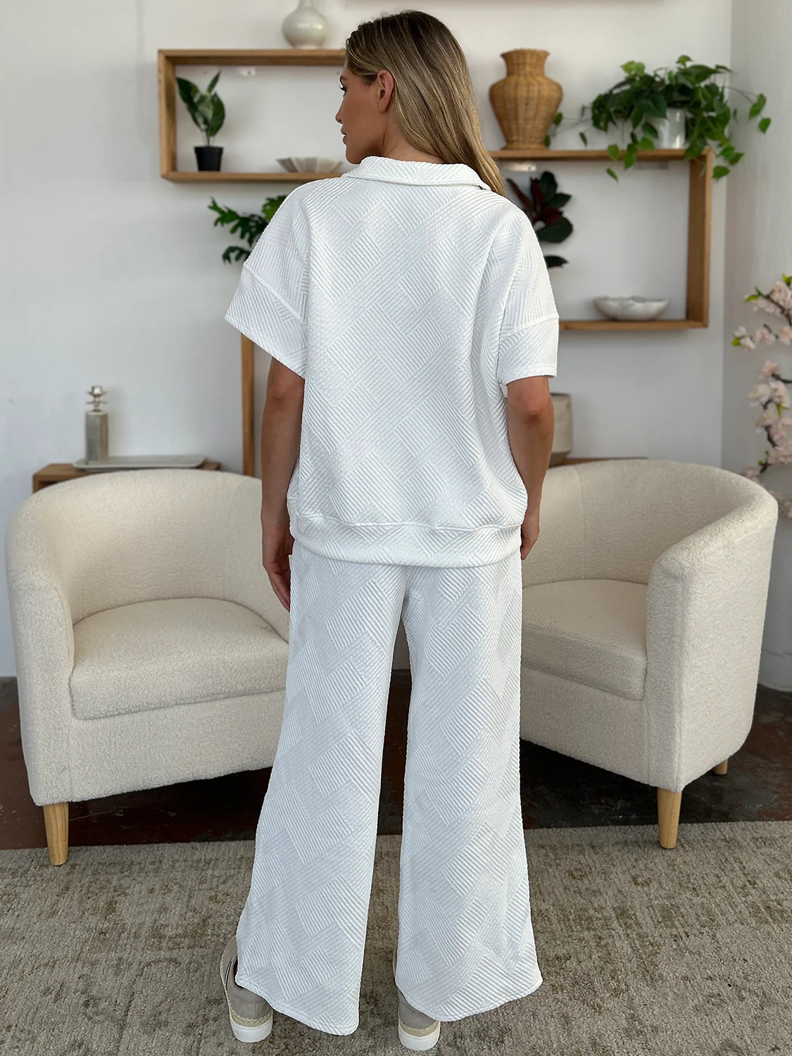 Double Take Full Size Texture Half Zip Short Sleeve Top and Pants Set - Image 7