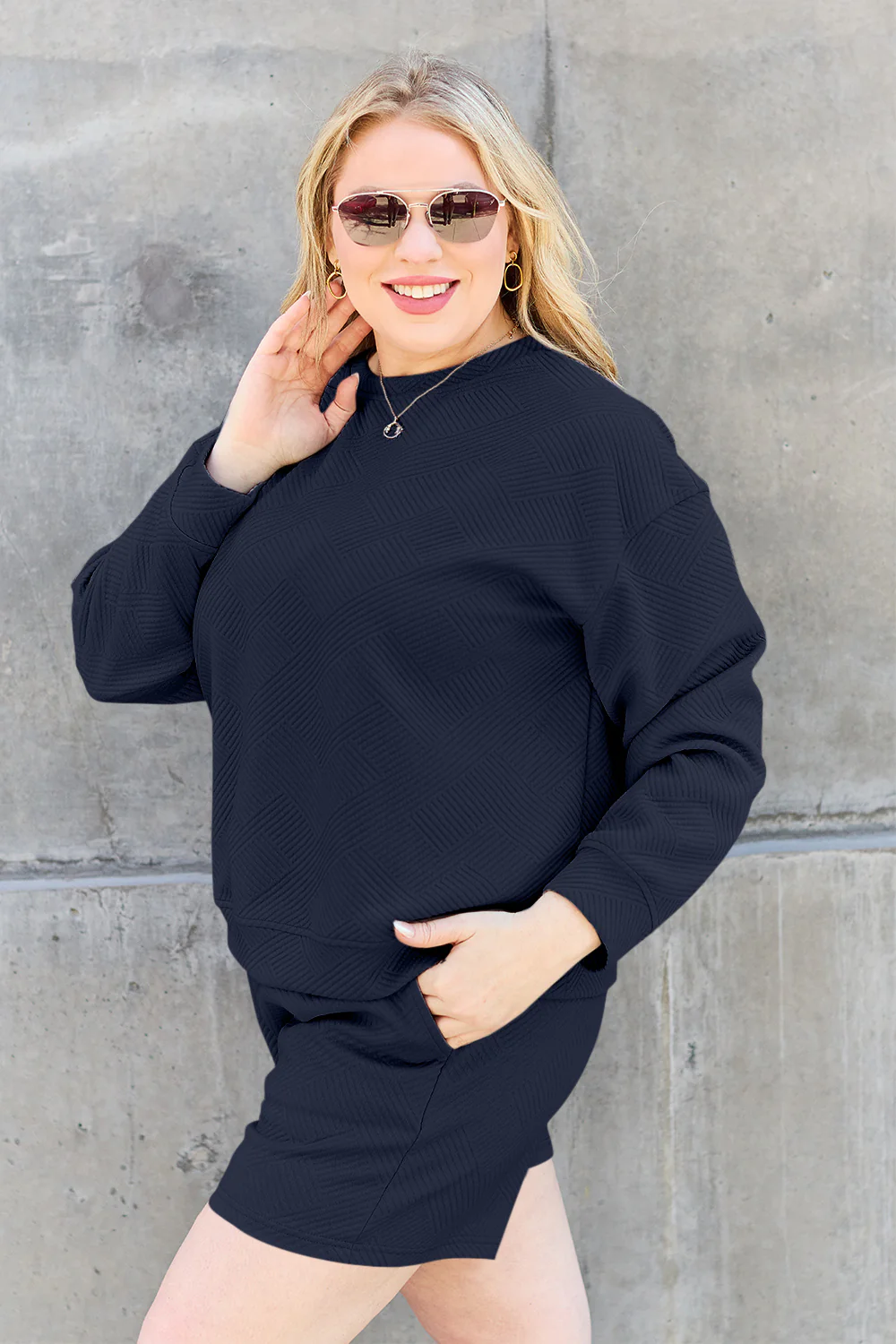 Double Take Full Size Texture Long Sleeve Top and Drawstring Shorts Set - Image 12