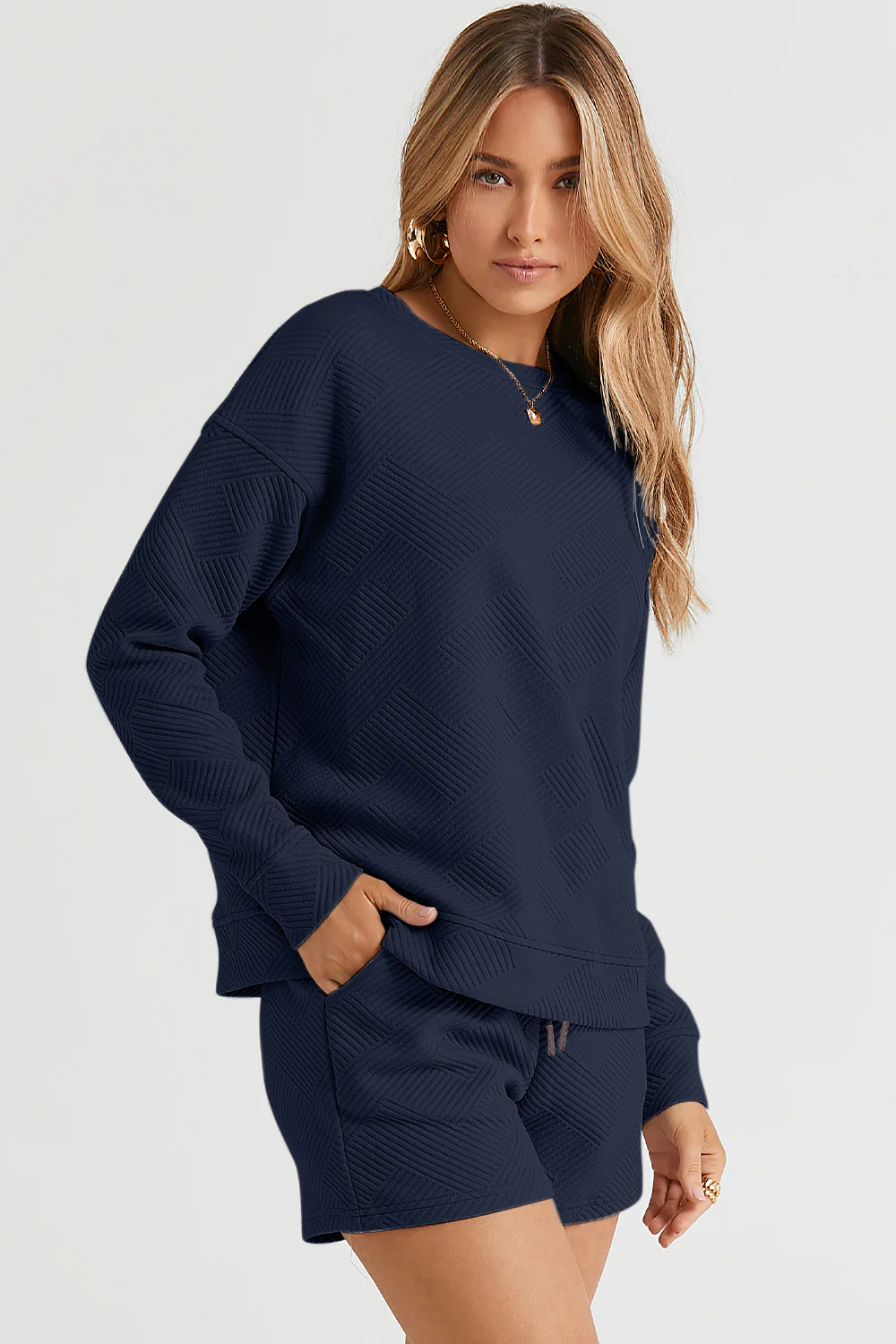 Double Take Full Size Texture Long Sleeve Top and Drawstring Shorts Set - Image 9
