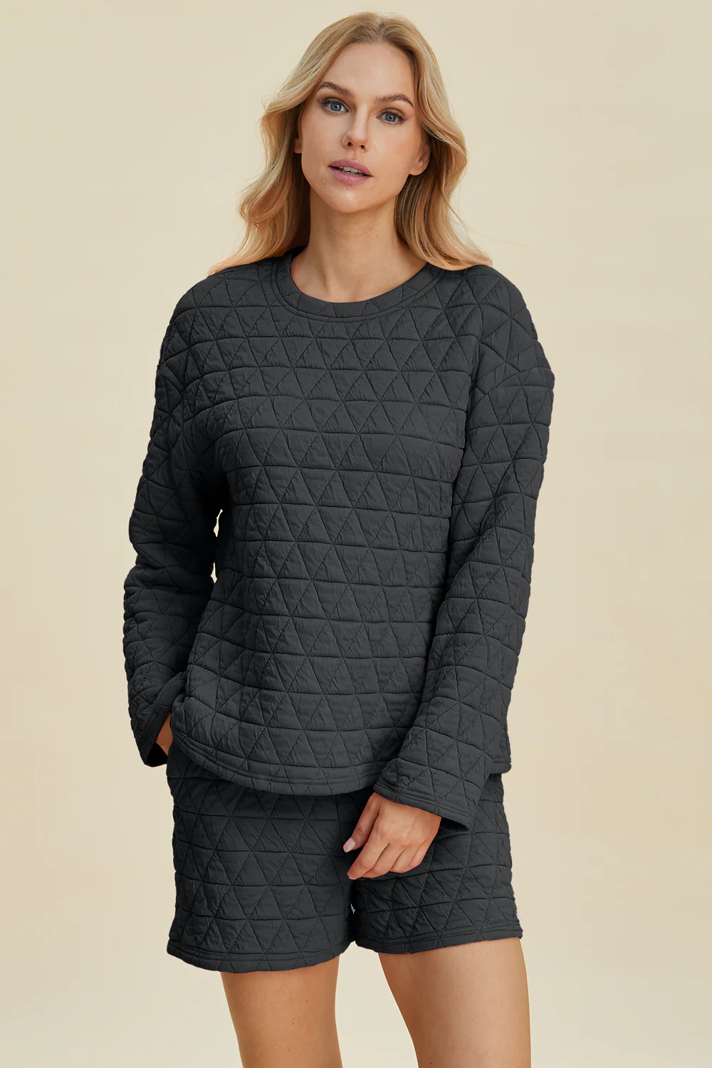 Double Take Full Size Texture Round Neck Long Sleeve Top and Shorts Set - Image 10