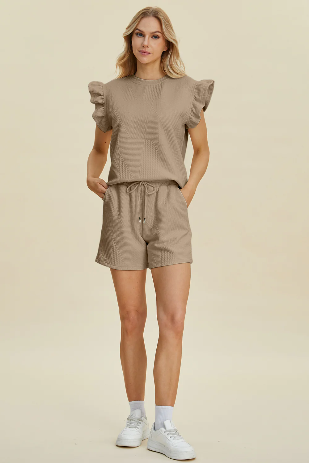 Double Take Full Size Texture Round Neck Ruffle Sleeve Top and Shorts Set - Image 15
