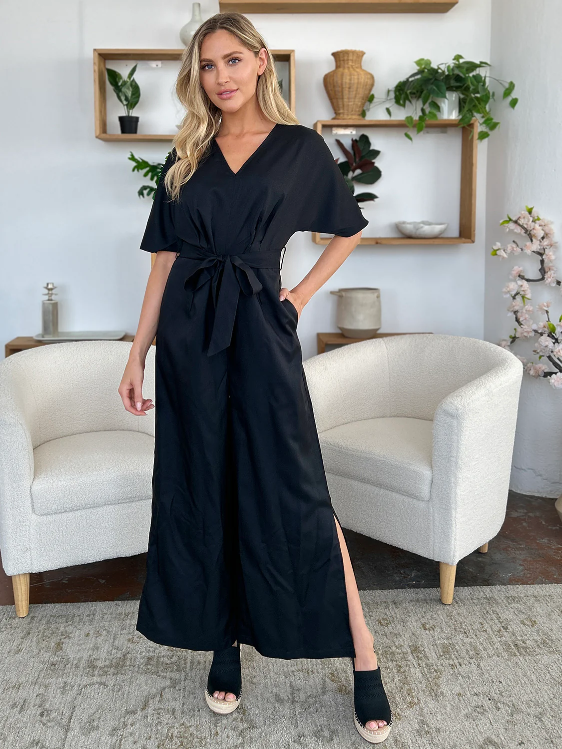 Double Take Full Size V-Neck Tied Side Slit Jumpsuit - Image 8