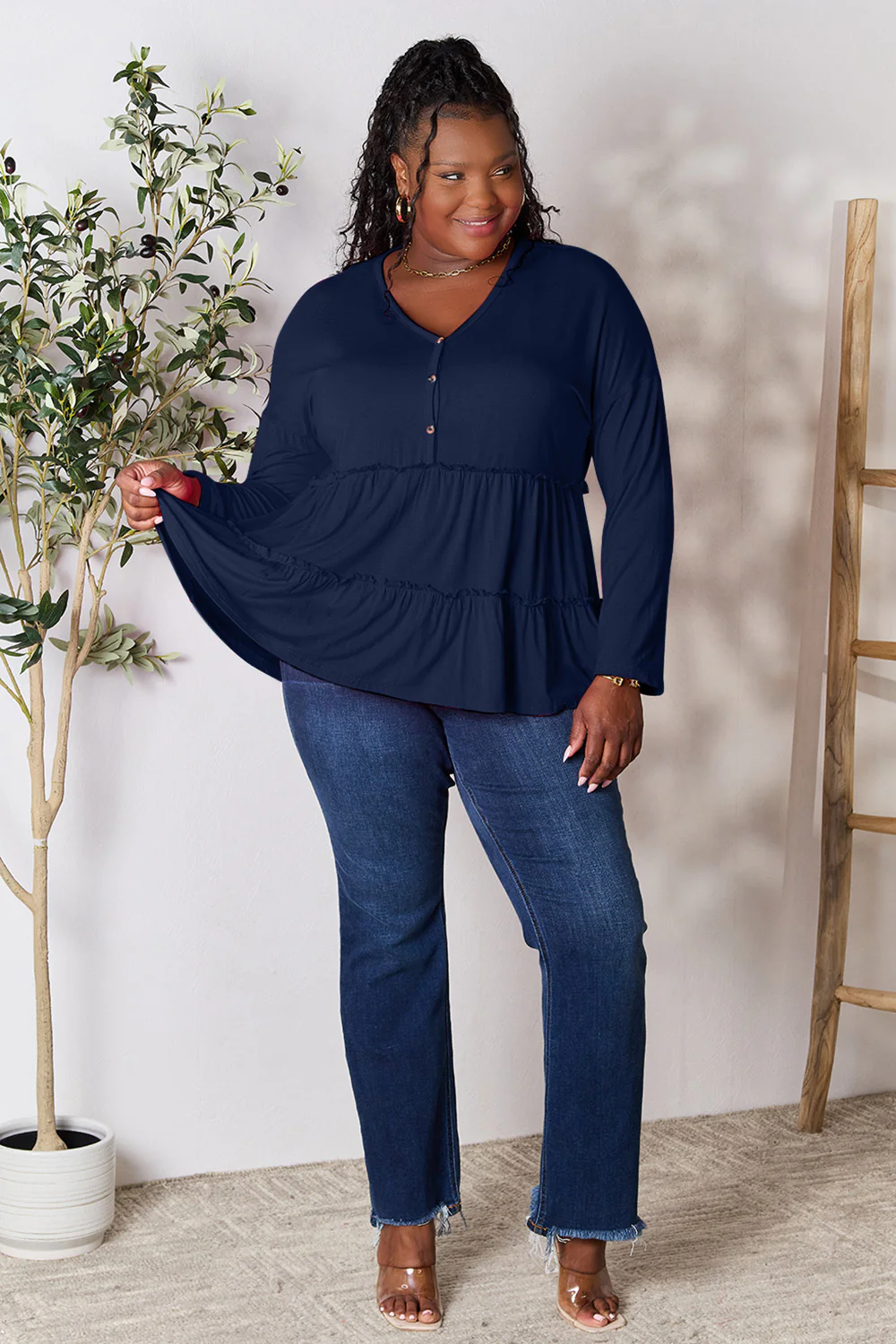 Double Take Half Button Long Sleeve Ruffle Hem Blouse - Image 30