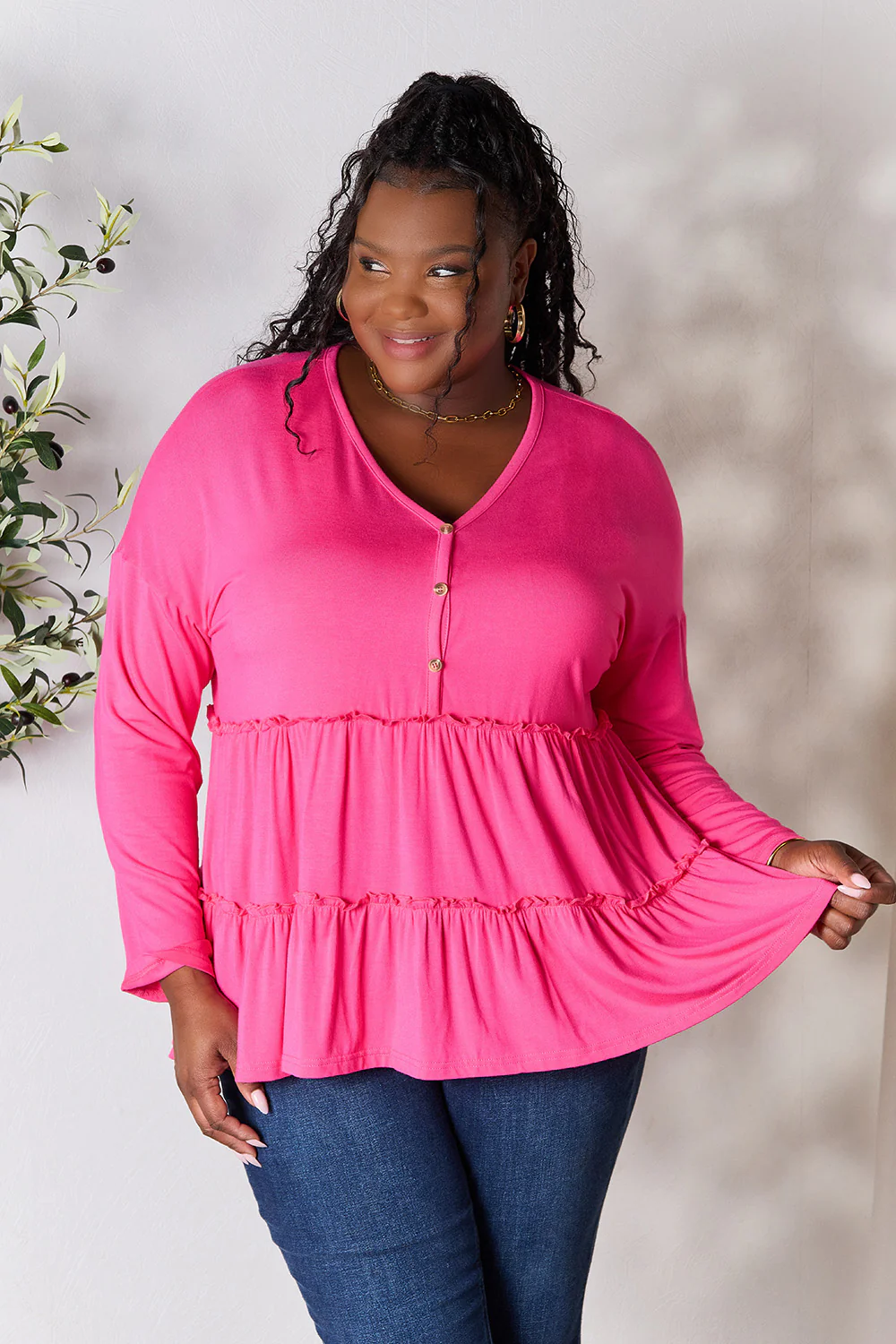 Double Take Half Button Long Sleeve Ruffle Hem Blouse - Image 32