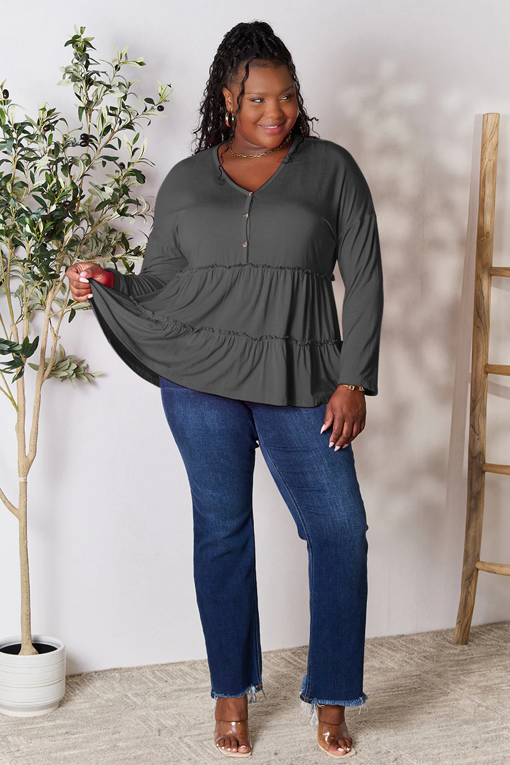 Double Take Half Button Long Sleeve Ruffle Hem Blouse - Image 4