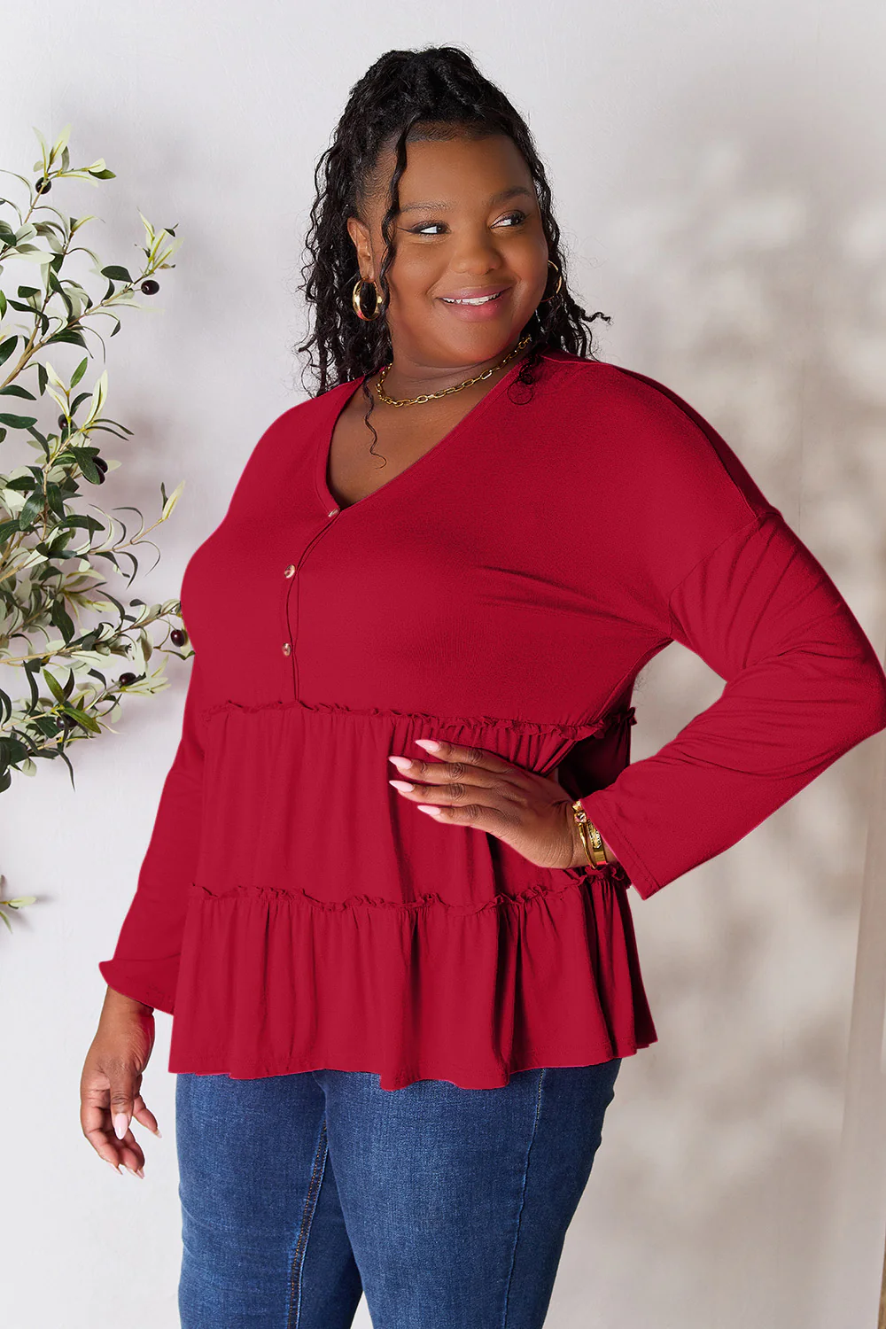 Double Take Half Button Long Sleeve Ruffle Hem Blouse - Image 9