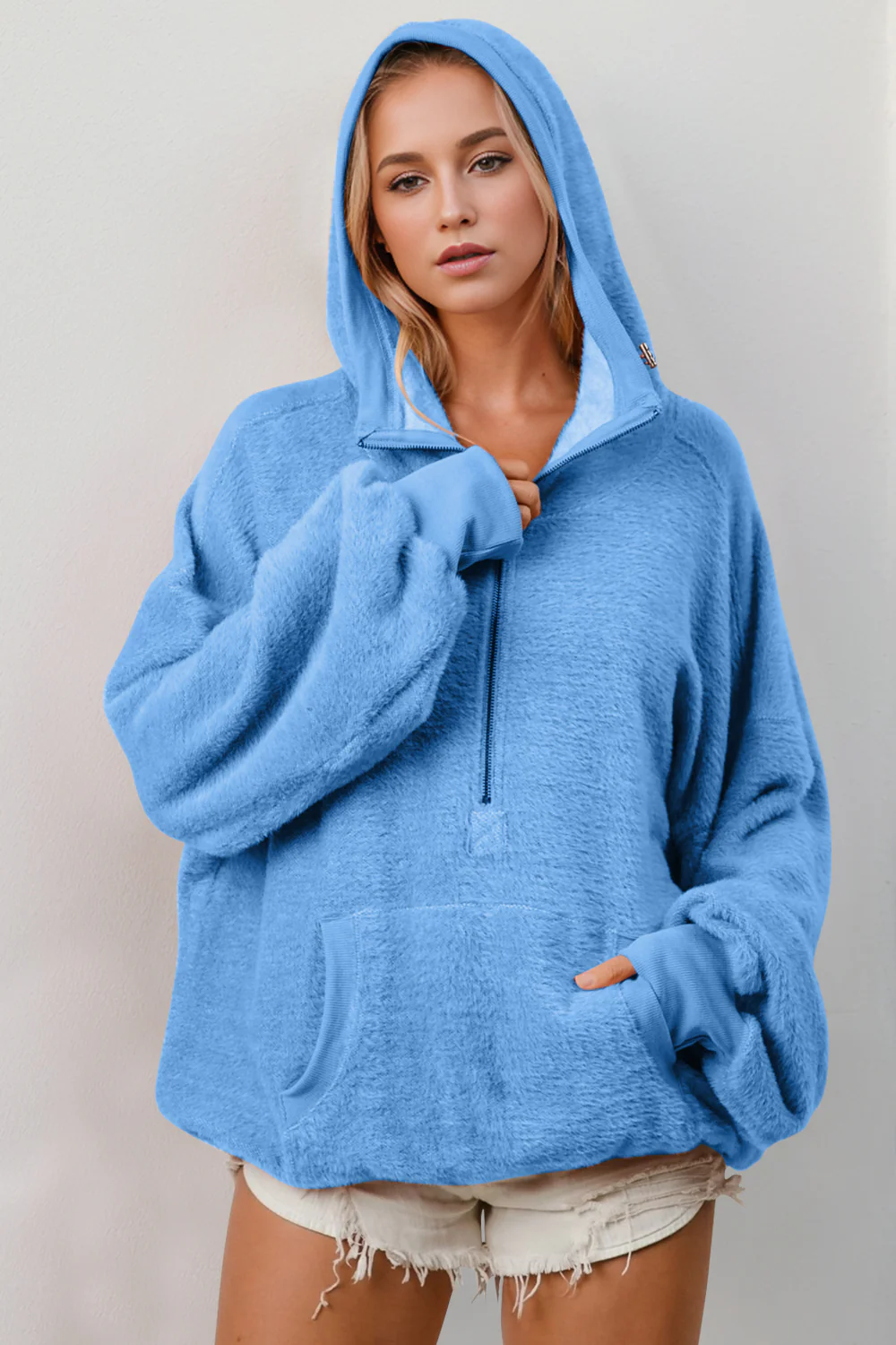 Double Take Half Zip Long Sleeve Hoodie with Kangaroo Pocket - Image 3