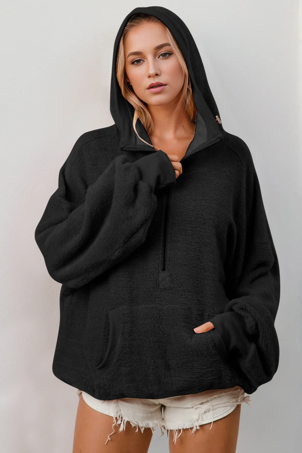 Double Take Half Zip Long Sleeve Hoodie with Kangaroo Pocket - Image 7