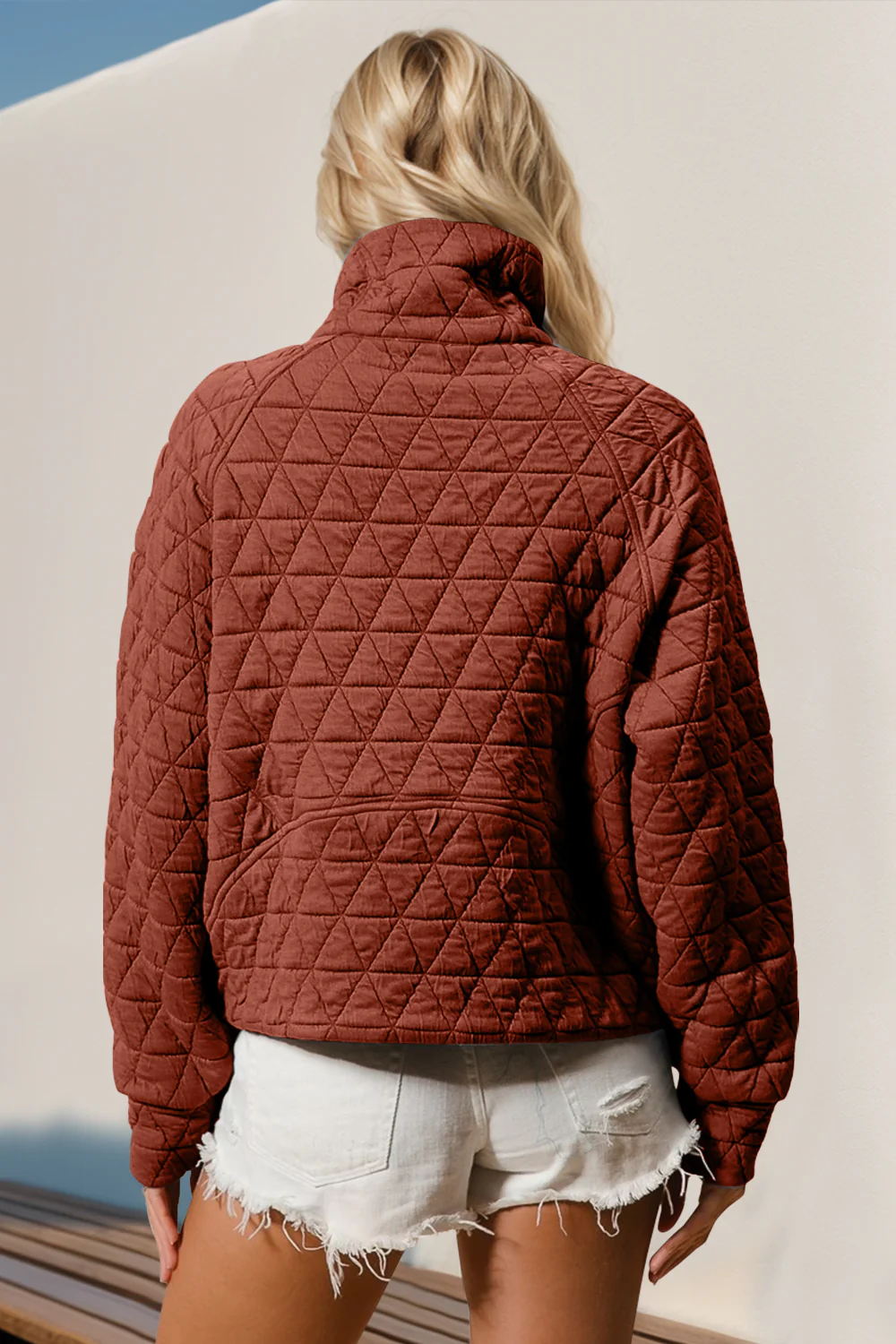 Double Take Half Zip Long Sleeve Quilted Sweatshirt with Pocket - Image 2